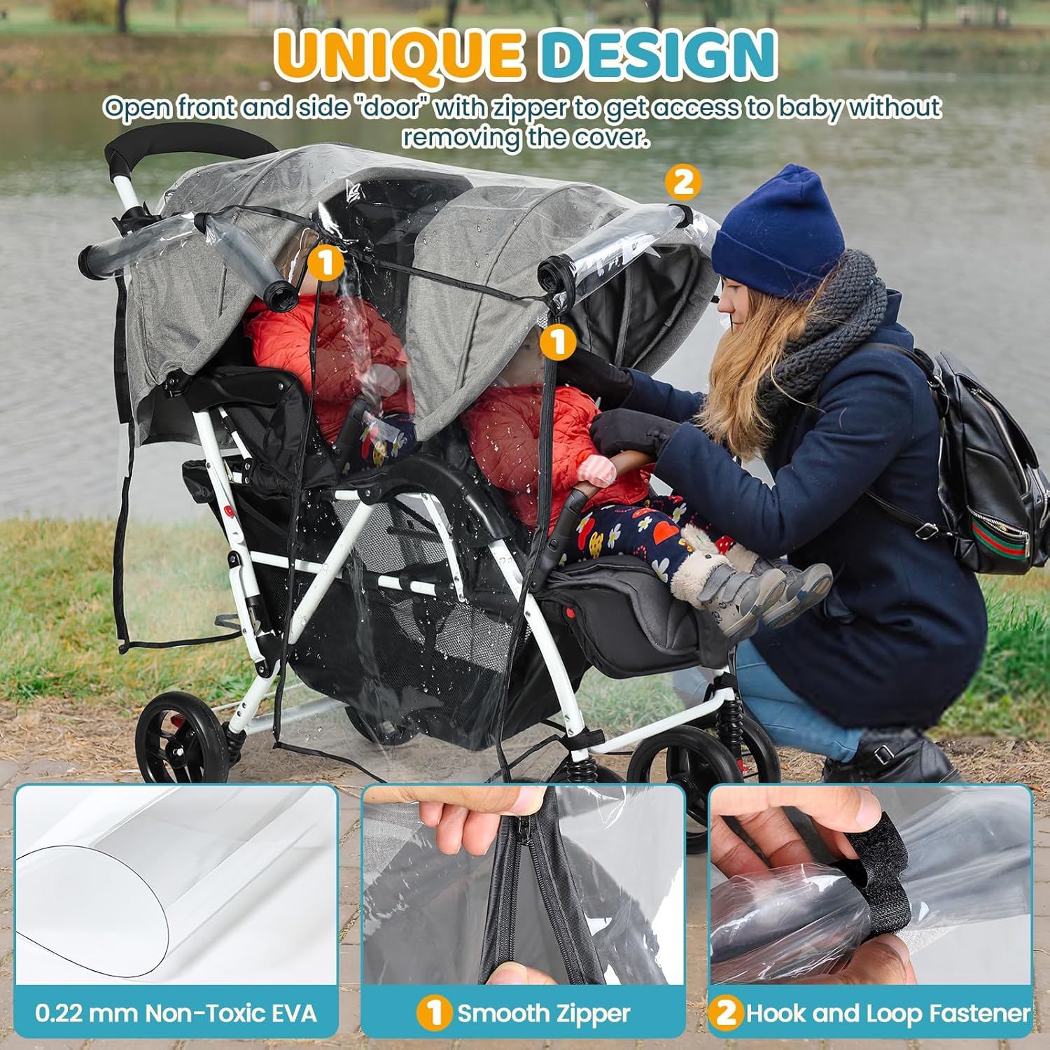 Detalle 2 de Orzbow Double Pram Rain Cover: Universal Protection for Twin Pushchairs