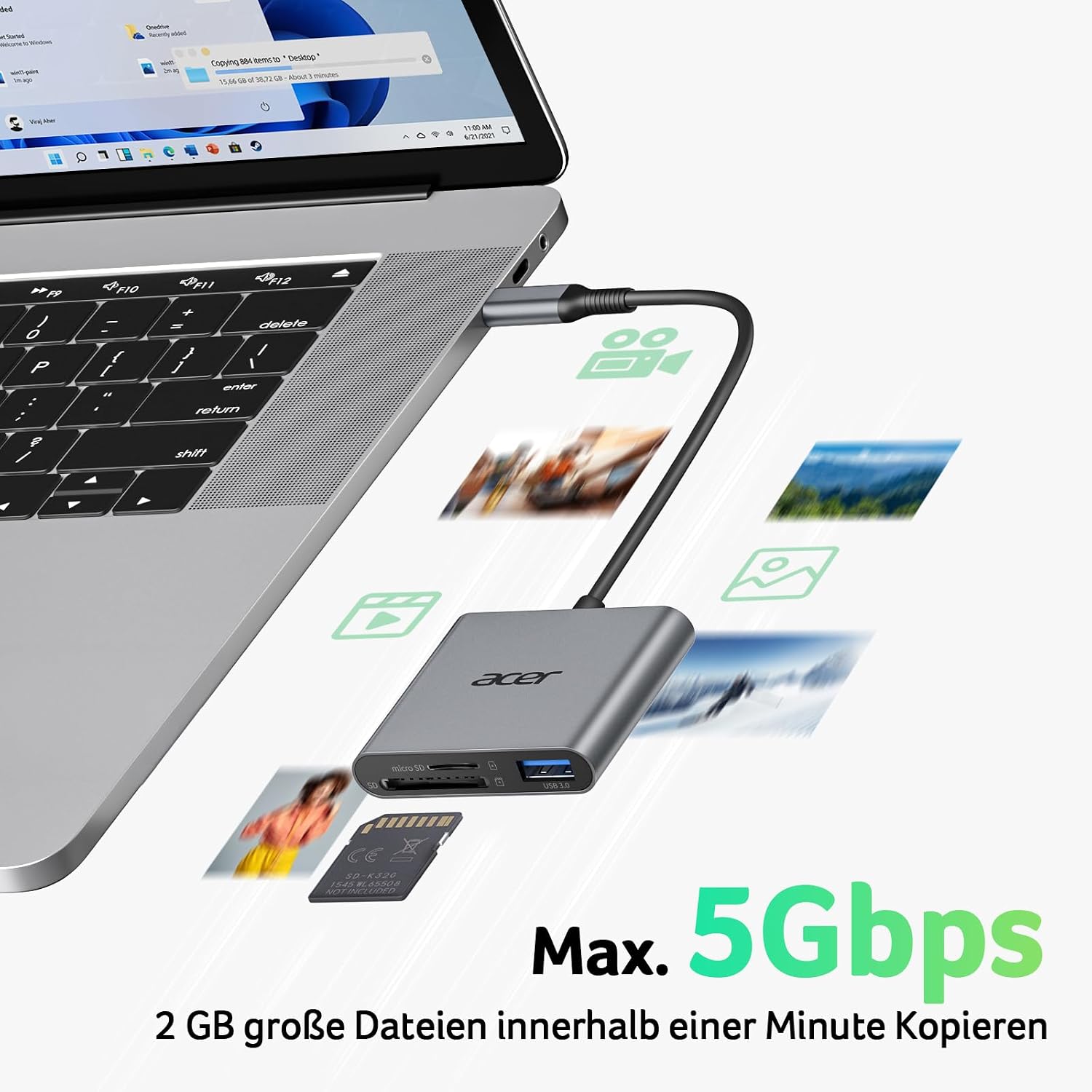 Detalle de acer USB-C SD Kartenleser mit Typ-A 3.0 – Aluminium, Zwei Karten, USB-C OTG