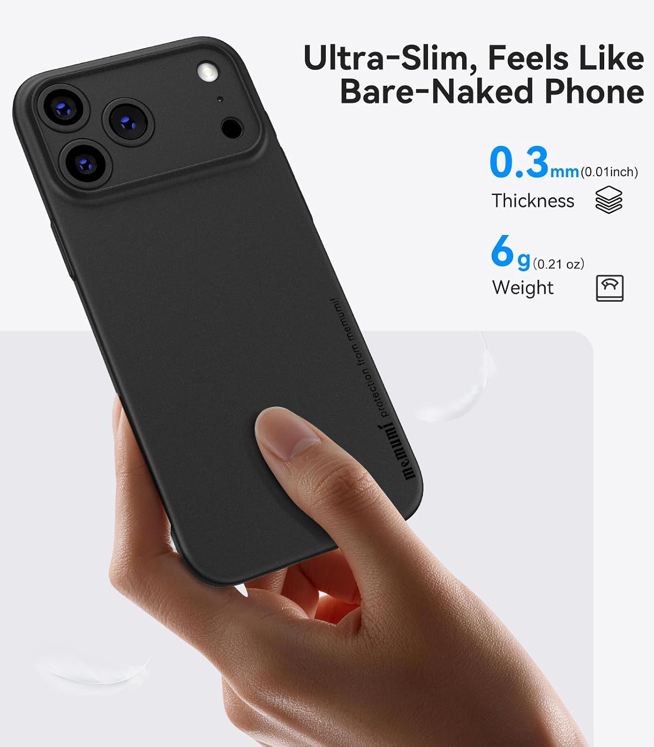 Detalle 2 de memumi-hoes voor iPhone 18 Pro Max, 0,3 mm, mat zwart polypropyleen
