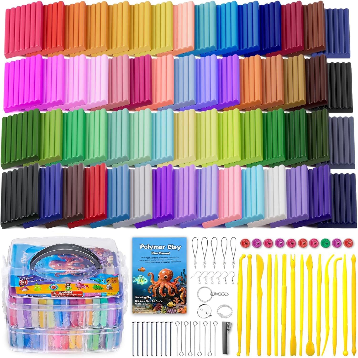 Ixiaoyoo Polymer Clay Set: 60 Colours plus 14 tools for Creative Sculpting