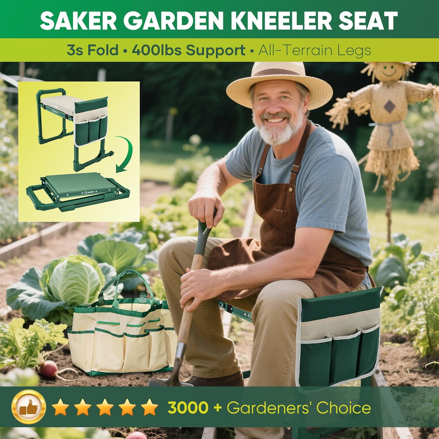 Detalle de Saker Garden Kneeler and Seat Foldable Gardening Stool with Extendable Legs – 500lbs Capacity