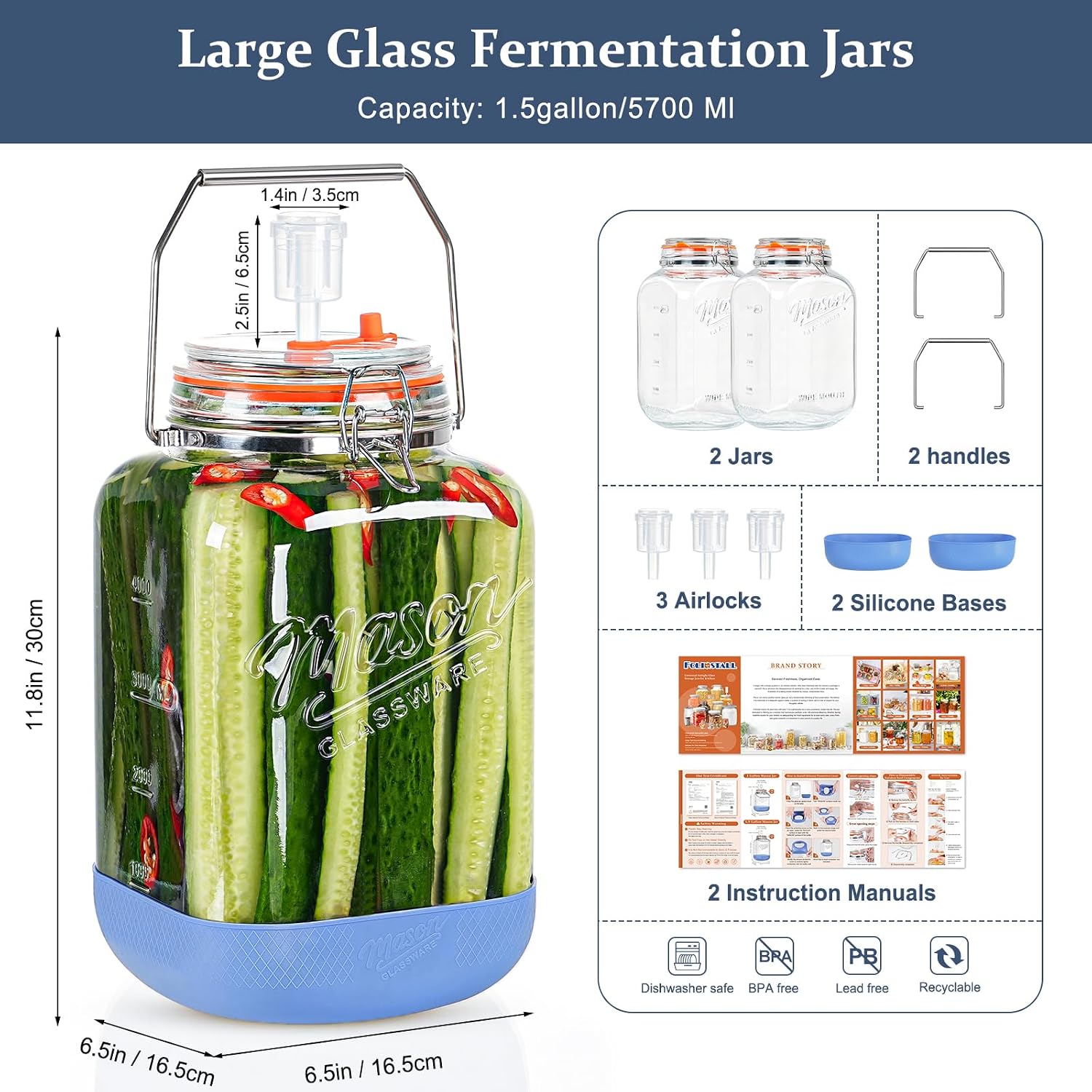 Detalle 2 de 2 Pack 1.5 Gallon Large Fermentation Jar Set with Airlocks, Stainless Handles, and Silicone Base