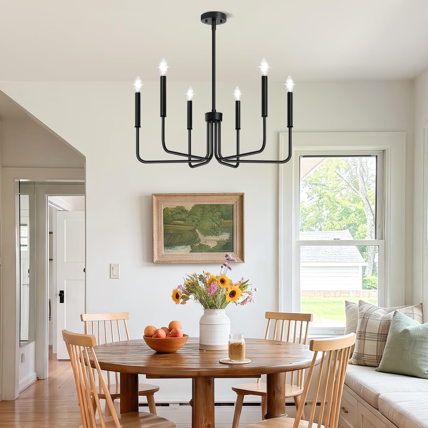 Detalle 1 de Lynnoland L220028P6 6-Light Black Farmhouse Chandelier, Adjustable Height