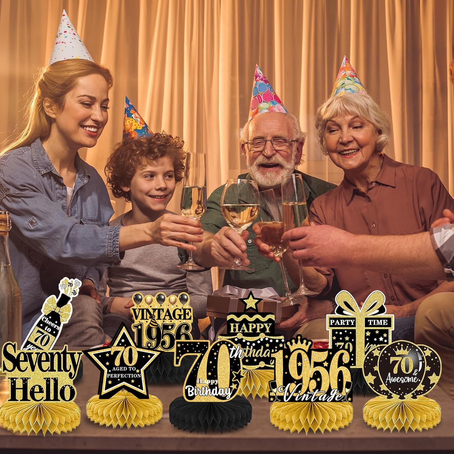 Detalle de Luvart 70th Birthday Decorations – Black and Gold Table Decorations (9pcs) with Vintage Honeycomb Centerpieces