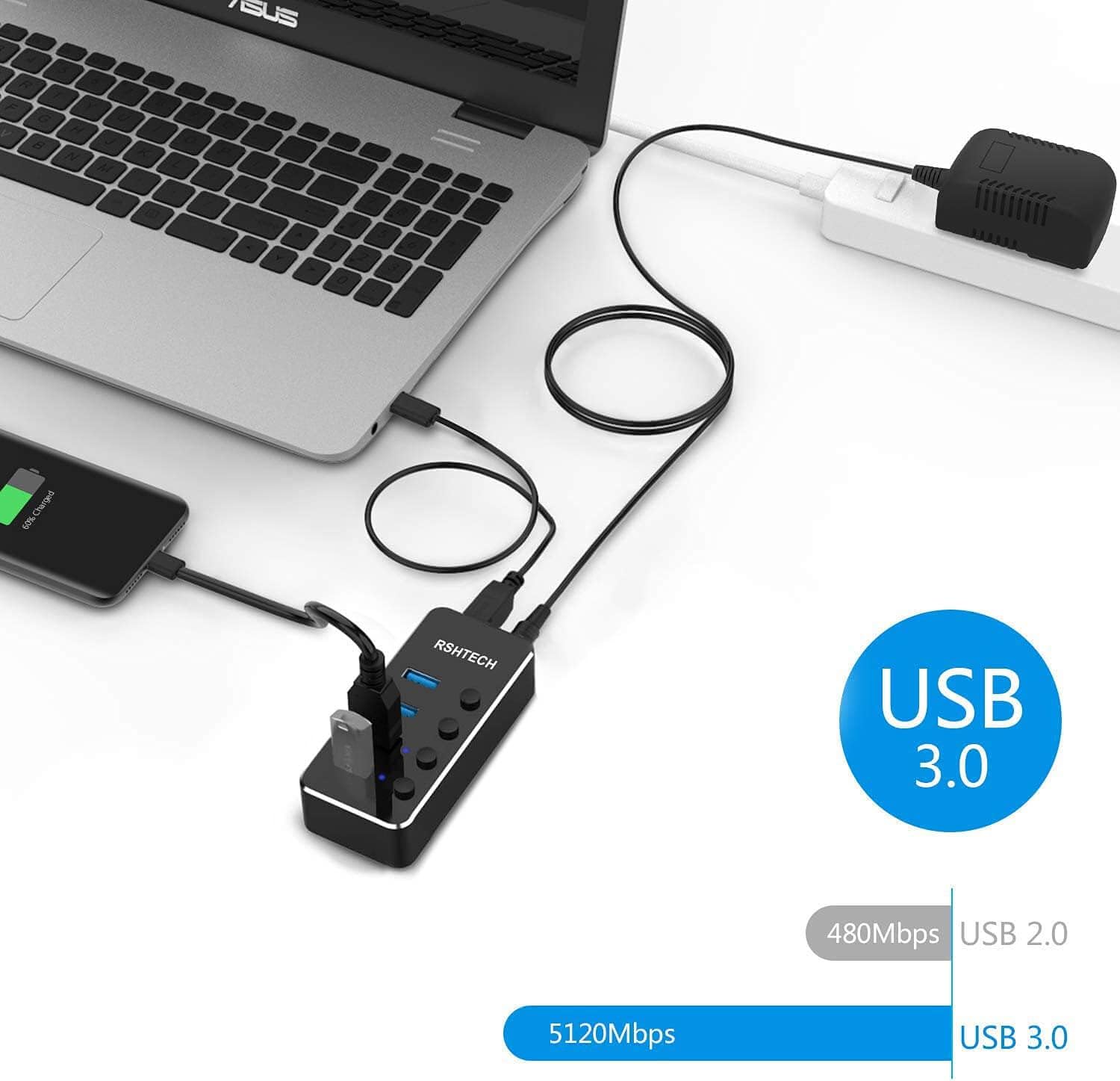 Detalle de RSHTECH Powered USB Hub 4-port USB 3.0 🔌