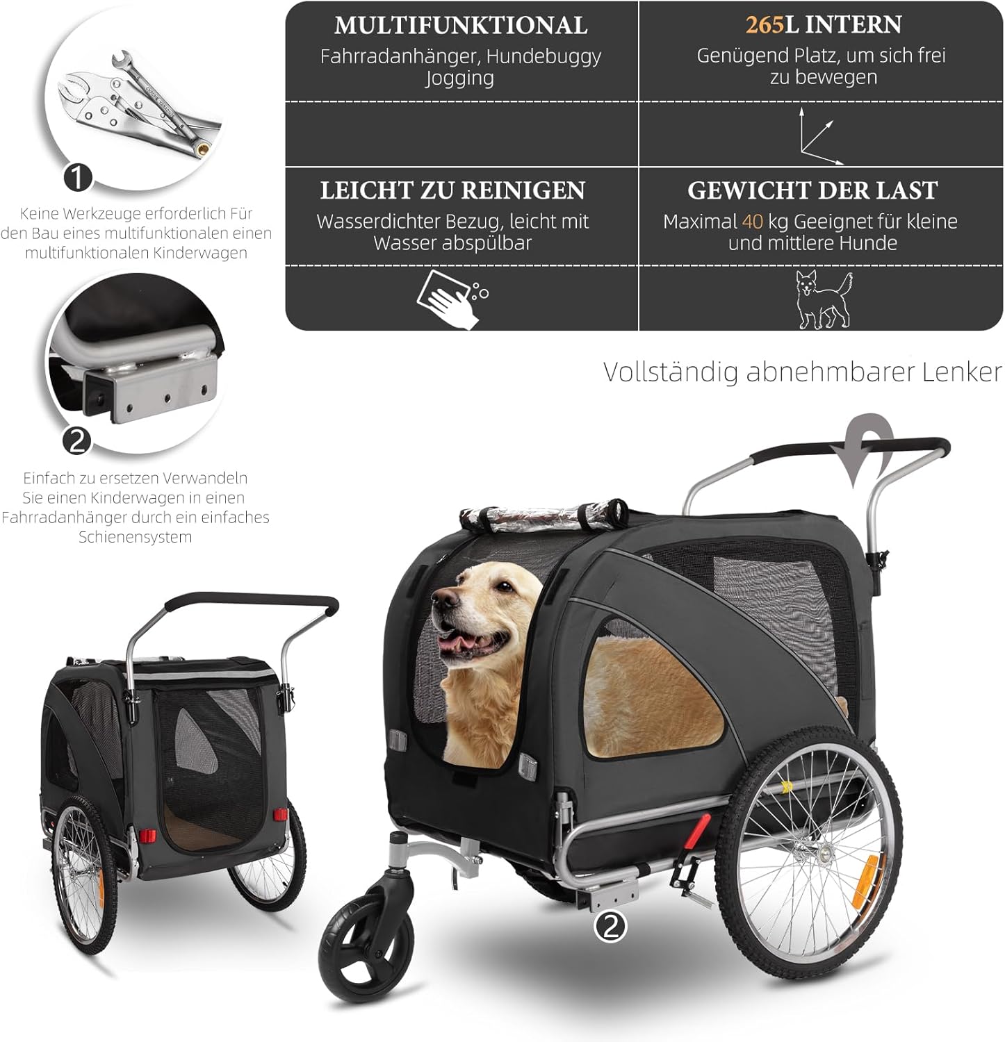 Detalle de Fiximaster XL 2-in-1 Hundeanhänger & Jogger mit Handbremse, Hunde bis 40 kg