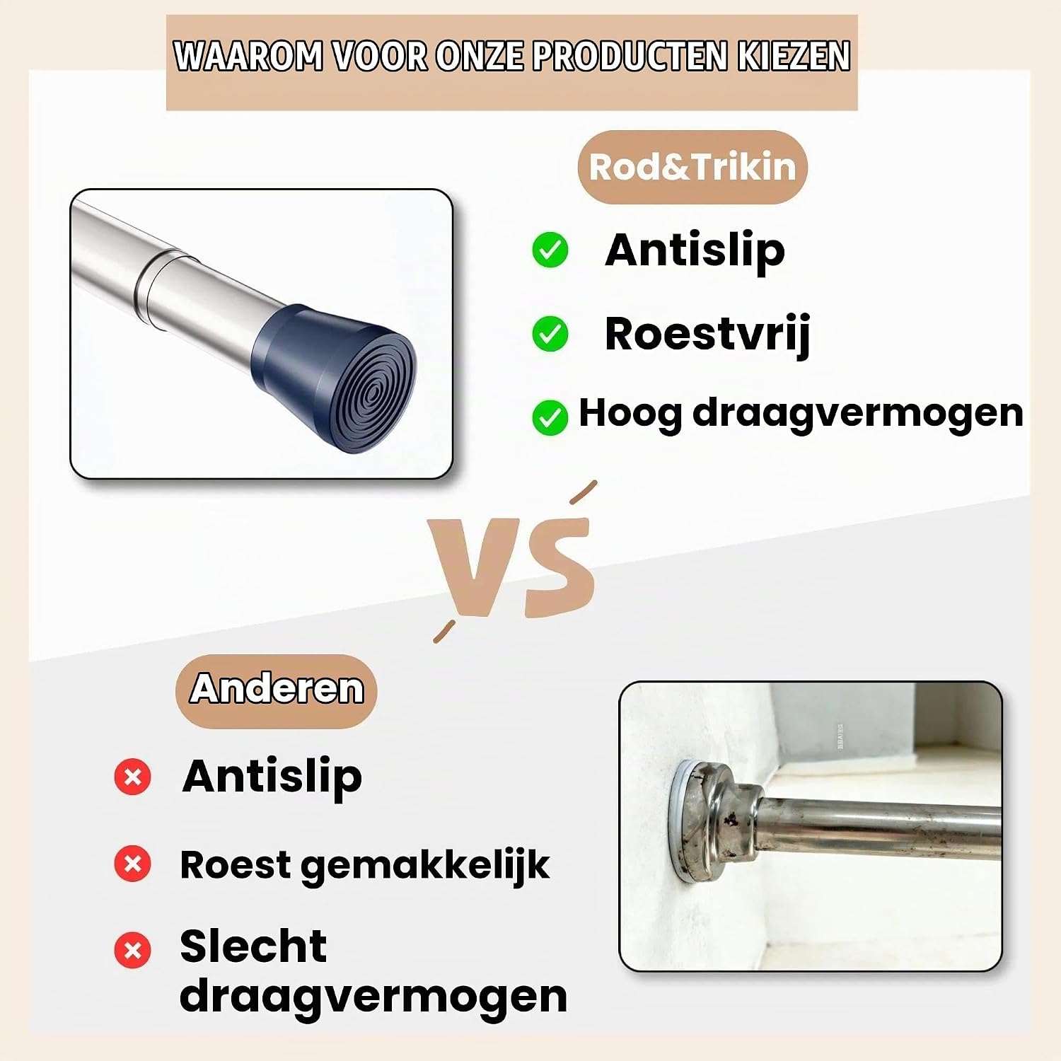 Detalle de Rod&Trikin NO4-8089-10 telescopische douchegordijnstang, zwart, 85–160 cm