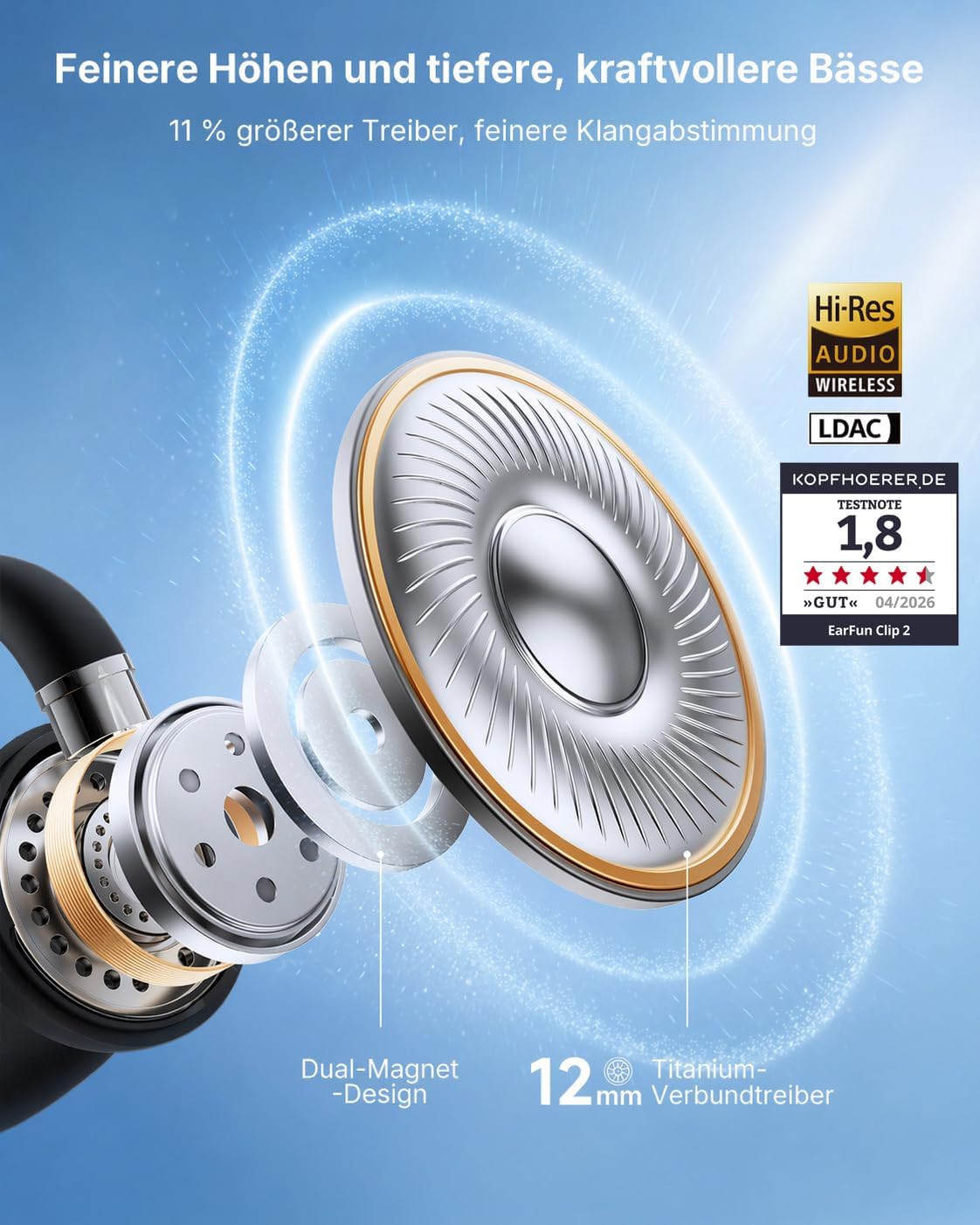 Detalle de EarFun Clip 2 Open Ear Kopfhörer – Offenes Design, HD-Klang & lange Akkulaufzeit