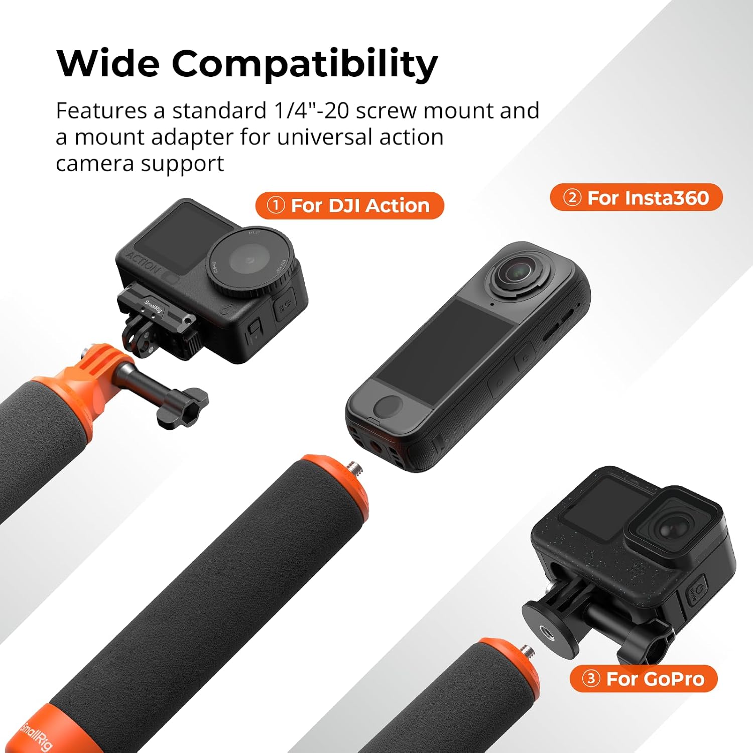 Detalle 1 de SMALLRIG 6152 drijvende actiecamera-handgreep met polsband en oranje grip