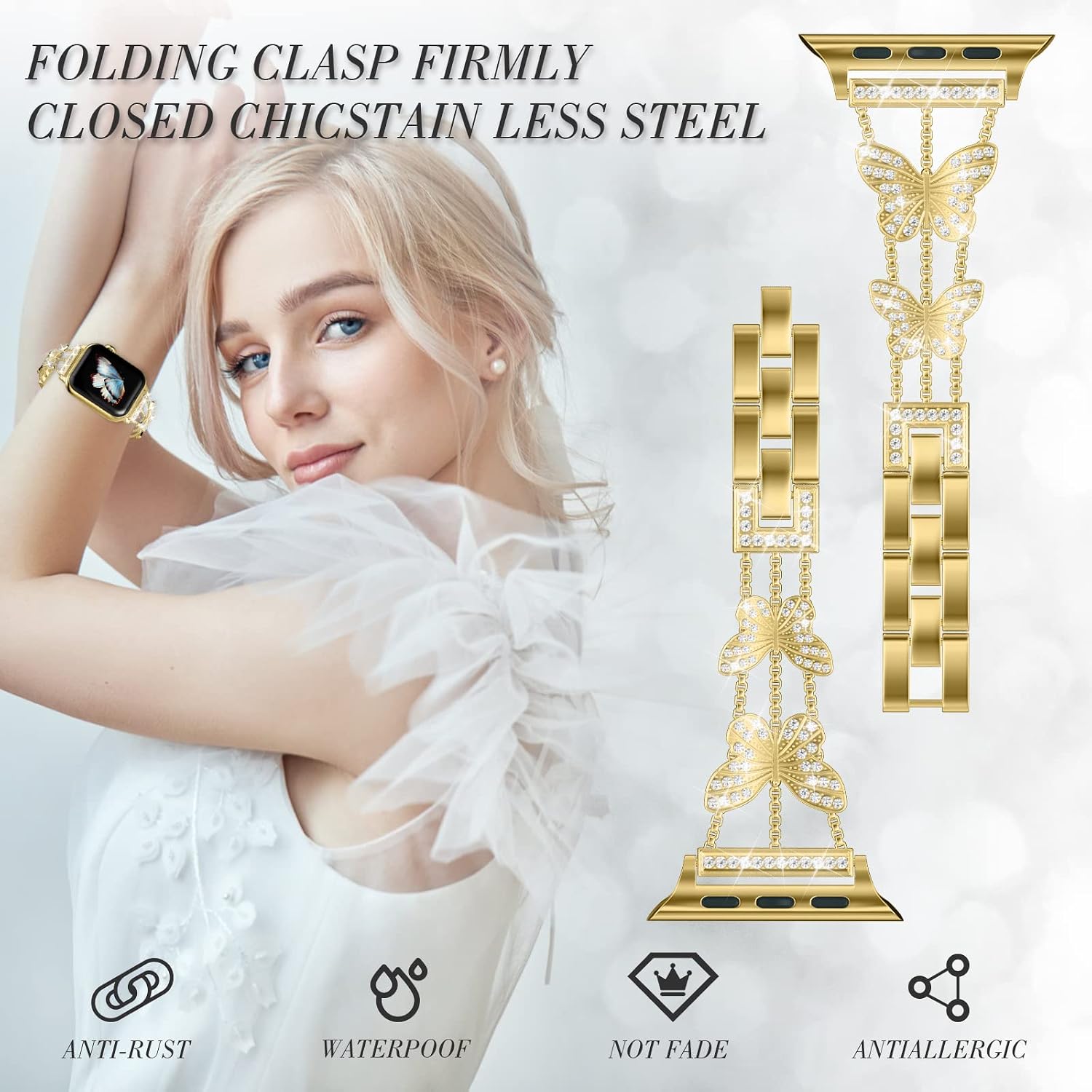 Detalle de Musk-MSKR Metal Diamond Starlight Band for Apple Watch – Butterfly Rhinestone Metal Band (38–49mm)