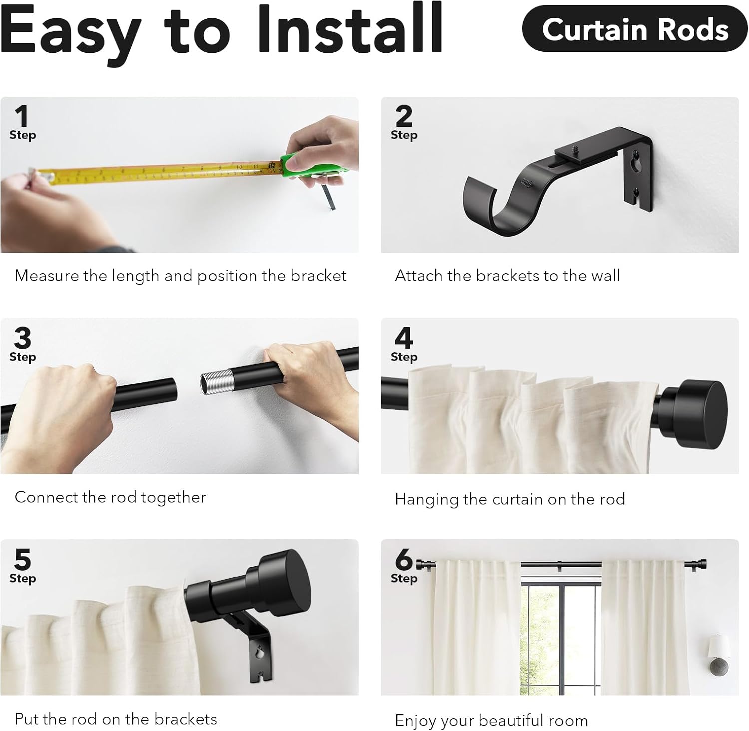 Thumbnail 5 de IFELS Heavy Duty Curtain Rods 66-120" 🪟