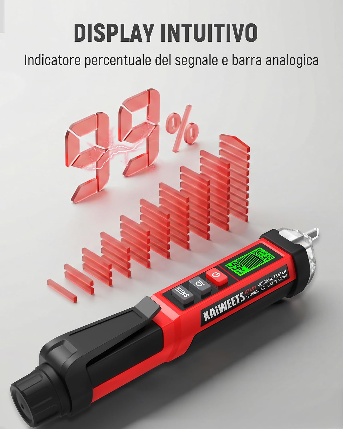 Detalle de KAIWEETS Cercafase Senza Contatto NCV – Tester di tensione 12-1000V / 70-1000V AC con display LCD, allarme e torcia LED (ETL CAT IV)