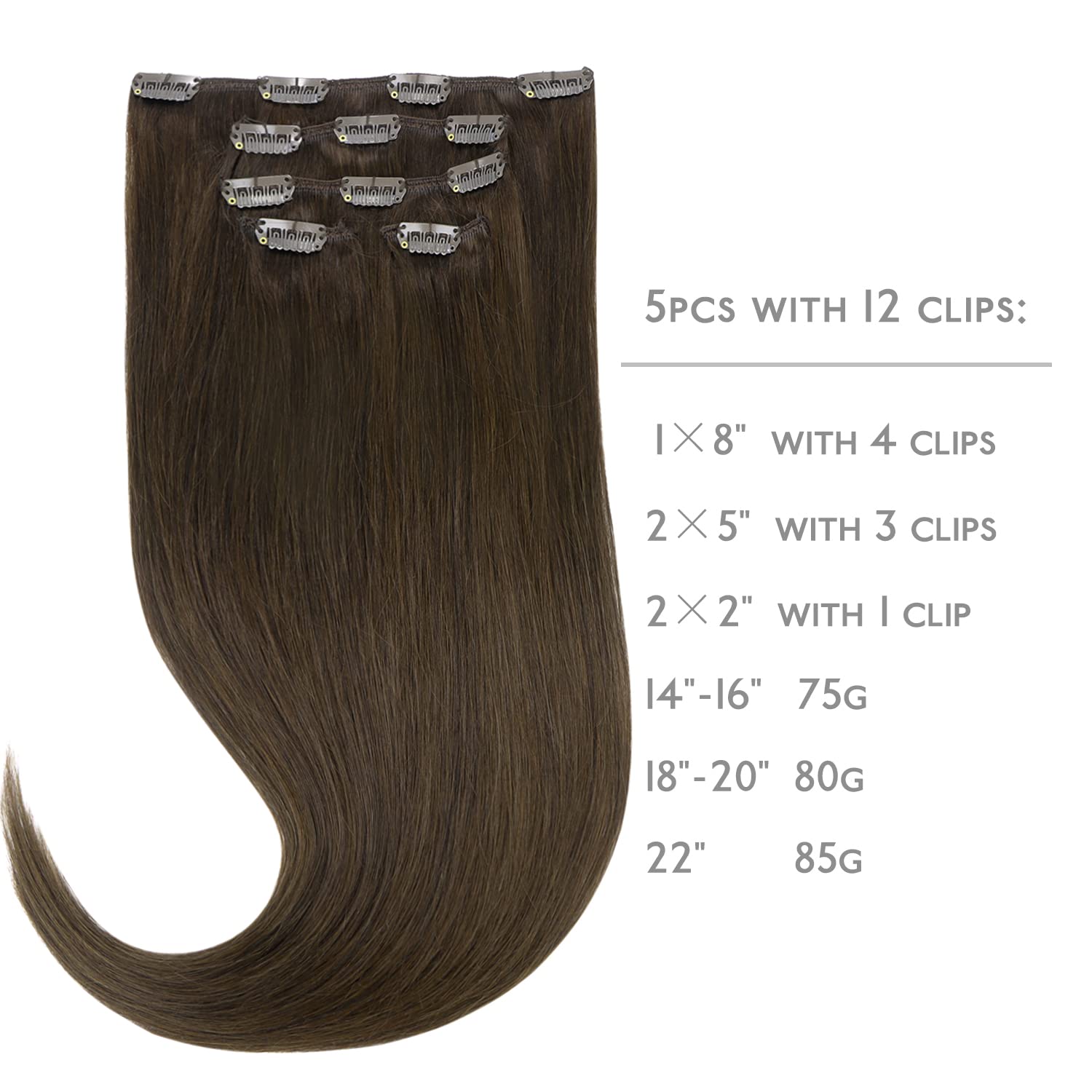 Thumbnail 1 de WENNALIFE Clip-in Echthaar Extensions, 75 g (5 Stück), 40 cm – helles/dunkles Braun