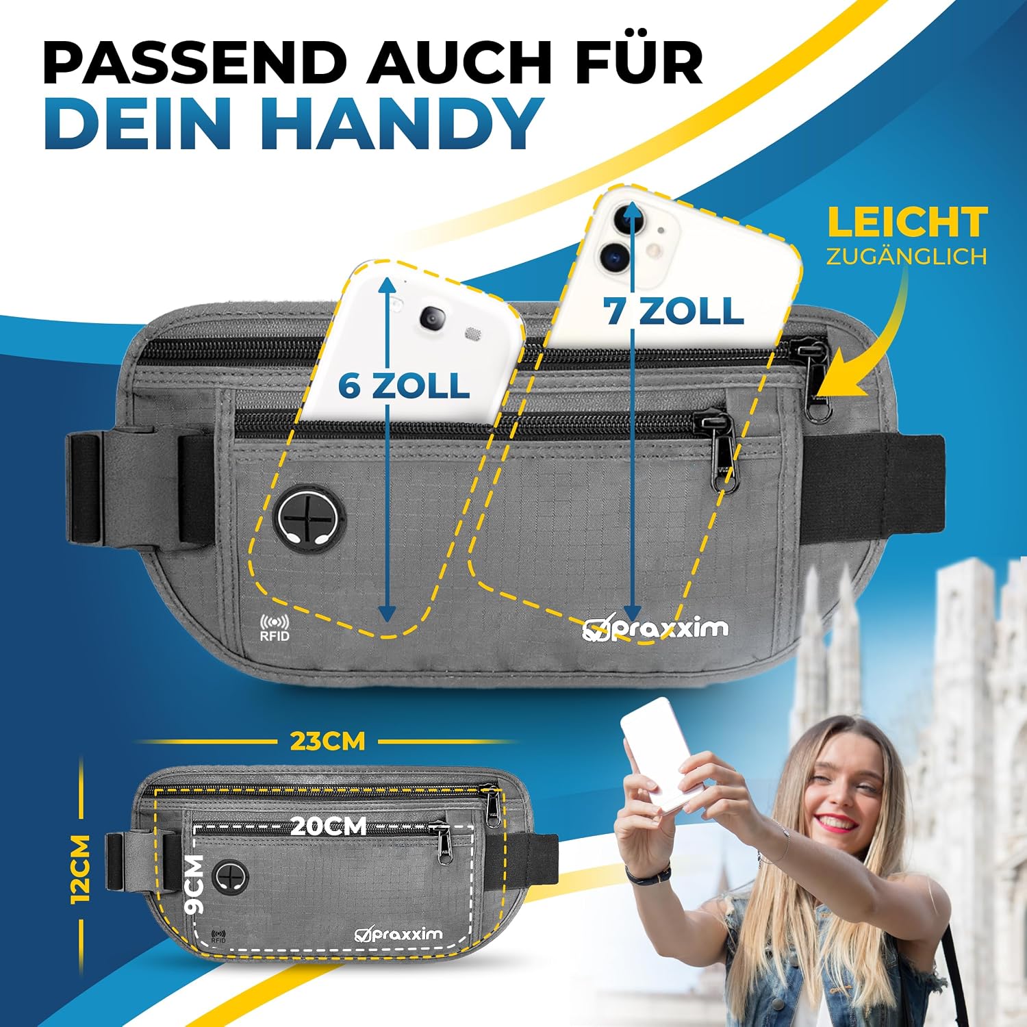 Detalle 2 de praxxim Bauchtasche DIEBSTAHLSICHER mit RFID