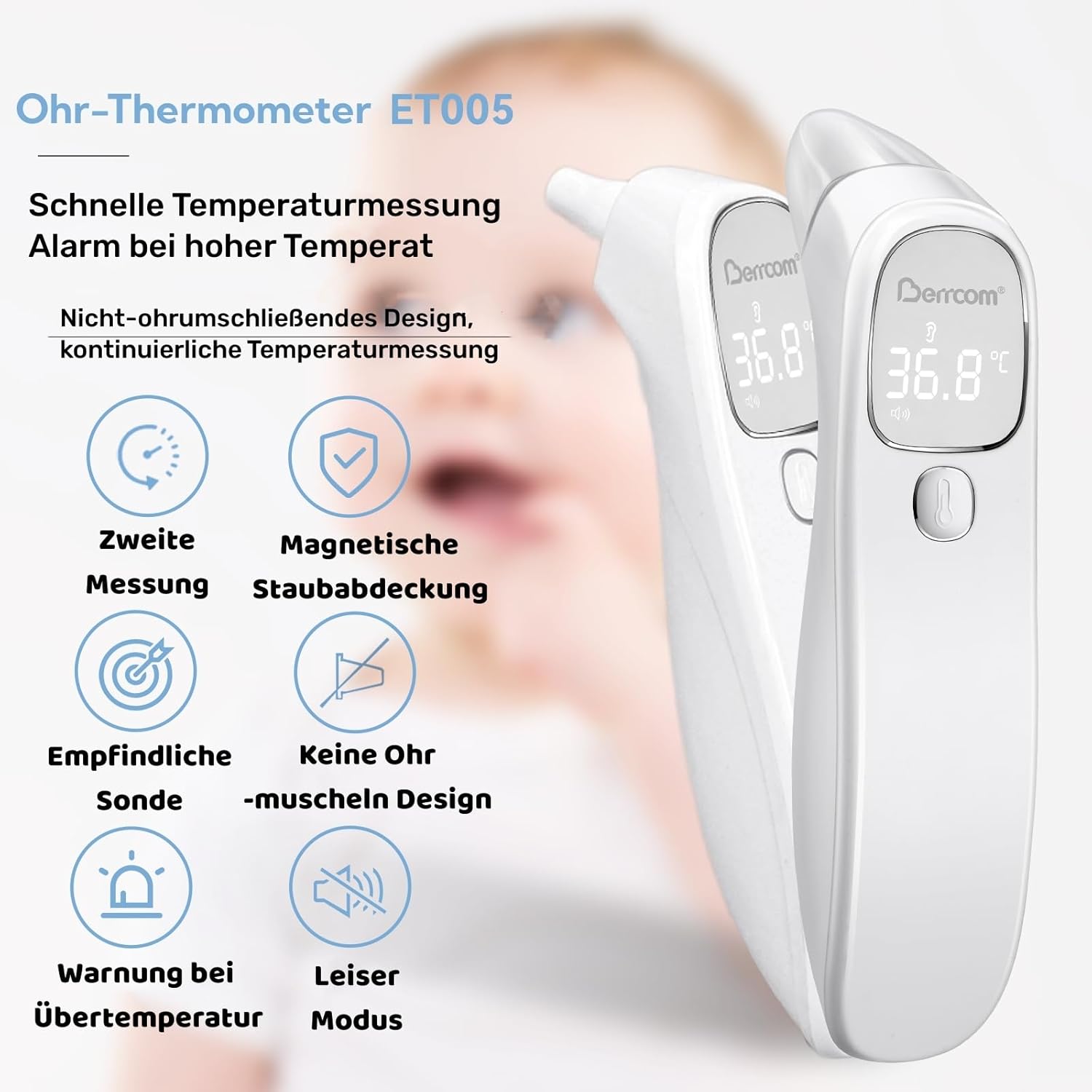 Thumbnail 2 de Berrcom Forehead & Ear Digital Thermometer (Non-Contact Infrared) with Fever Alarm, °C/°F Switch