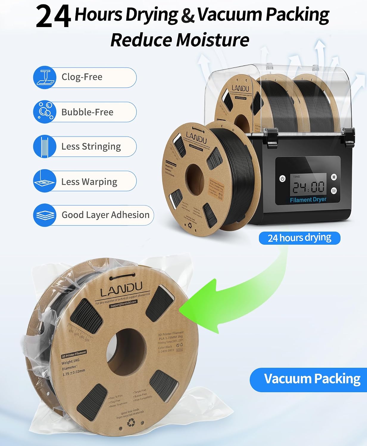 Thumbnail 2 de LANDU PLA Filament 1.75mm 1kg Black – Precise, Consistent 3D Printing for Everyday Projects