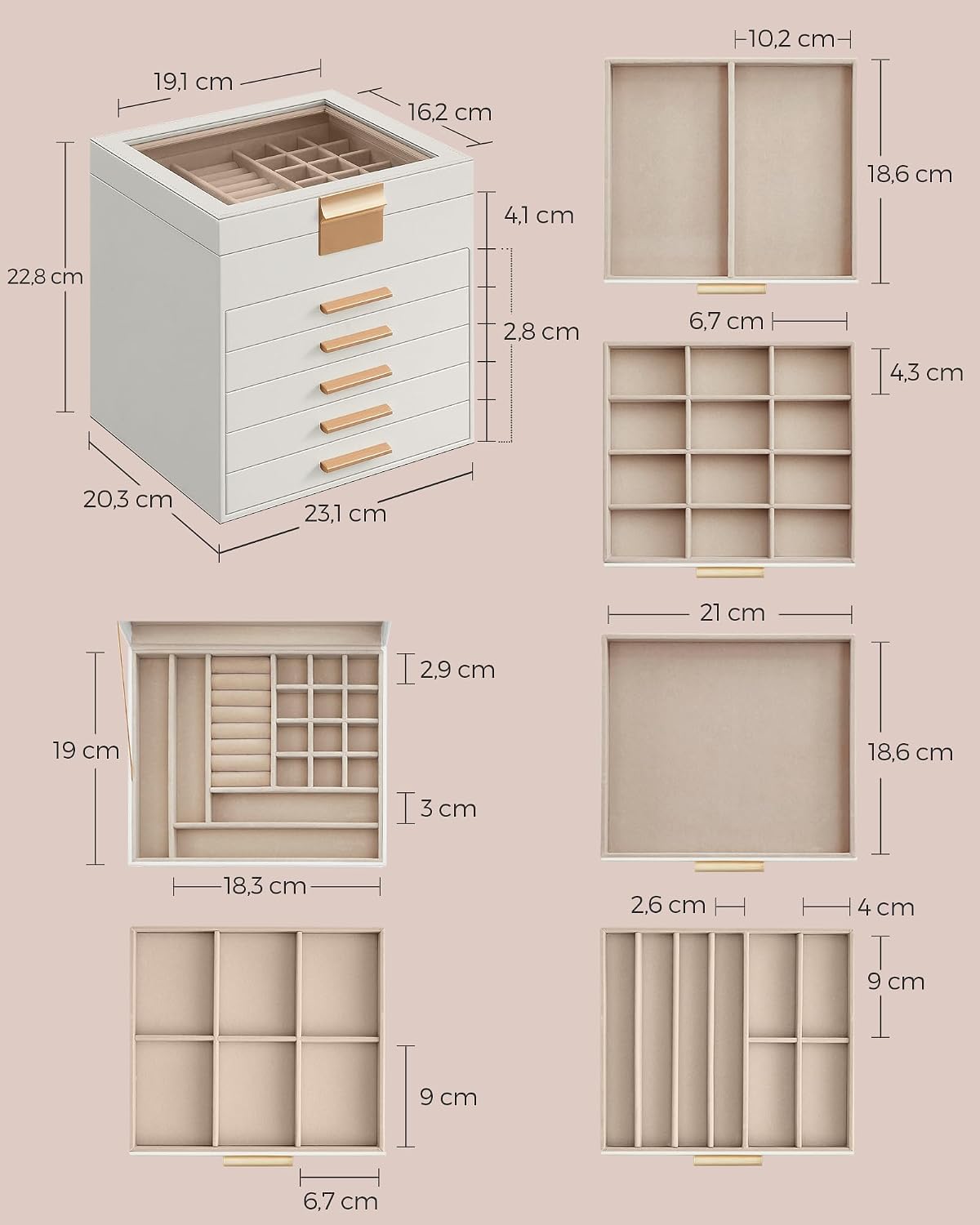 Detalle de SONGMICS Colección GISELLA: Caja de Joyas JBC176W01, 6 Niveles y 45 Compartimentos en Blanco Nube y Dorado