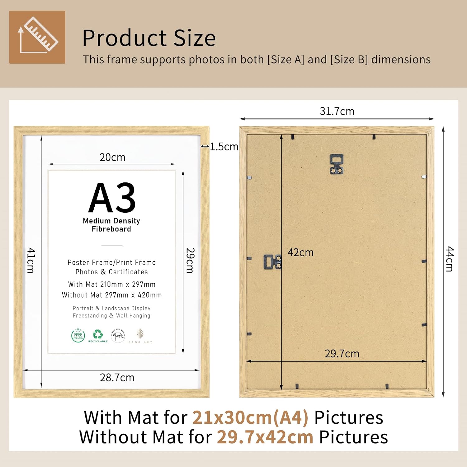 Detalle de A3 Picture Frame 3 Pack: Versatile MDF Frames for A4 Photos with Matting