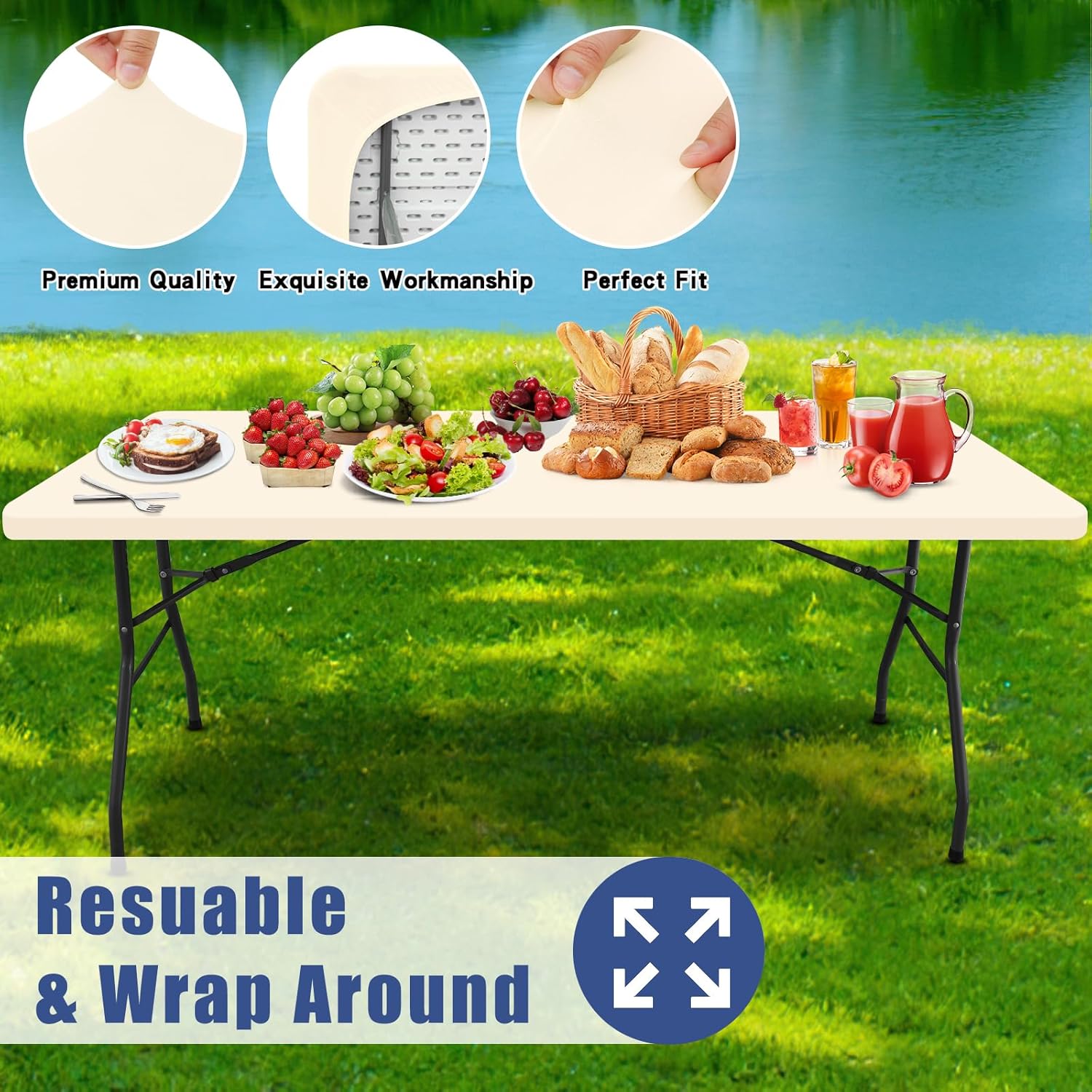 Detalle de Moosfor Spandex 6 Foot Rectangle Table Cloth – Champagne Elastic Fitted Cover (30" x 72")