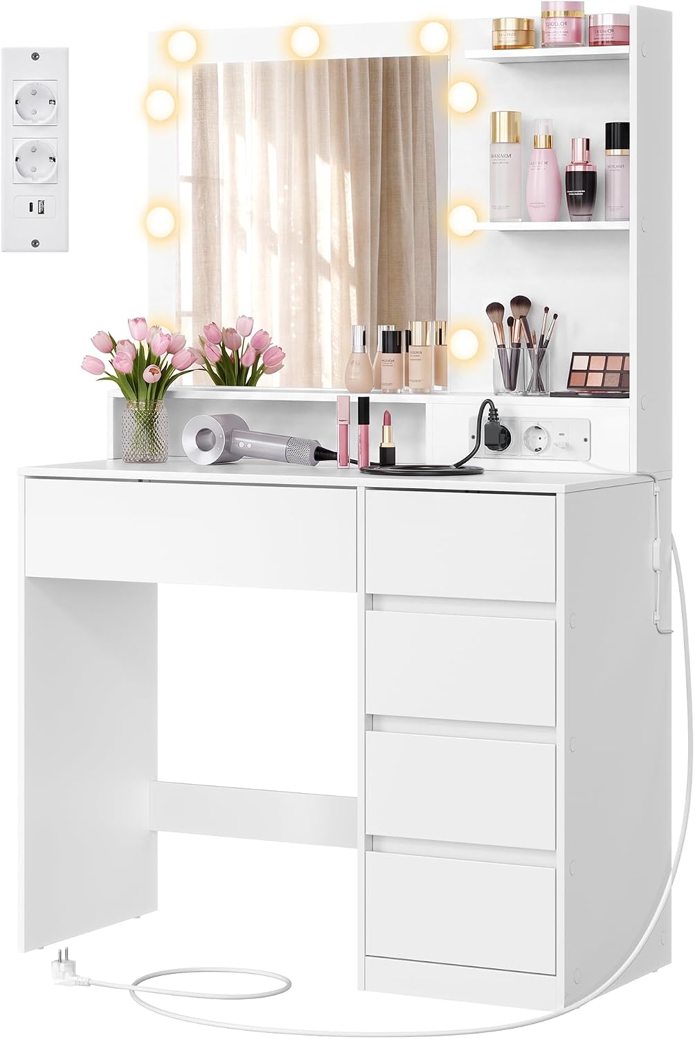 Detalle de VASAGLE KAILYN RDT241WB01 – toaletka z lustrem LED, gniazdkiem i 9 szufladami