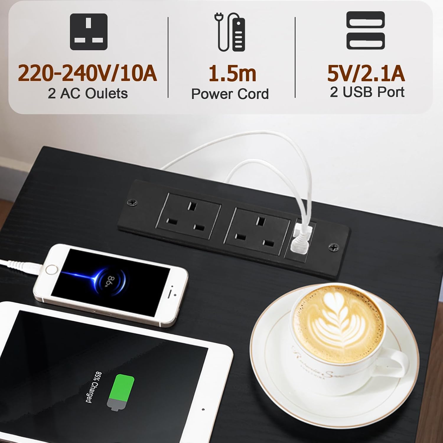 Detalle de AMHANCIBLE HETS01BK set of 2 bedside tables with charging station and RGB LED lights