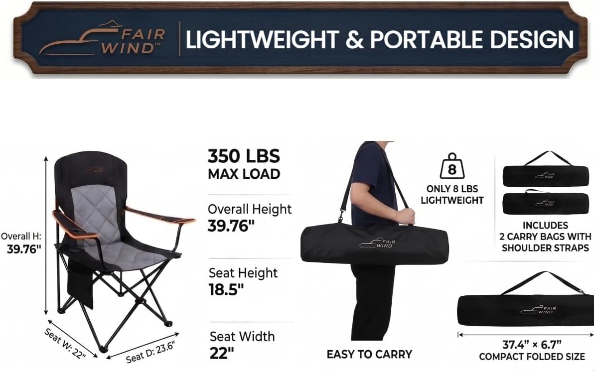 Thumbnail 6 de FAIR WIND 2 Pack Fully Padded Camping Chairs (350LBS) with Cup Holder & Side Pocket