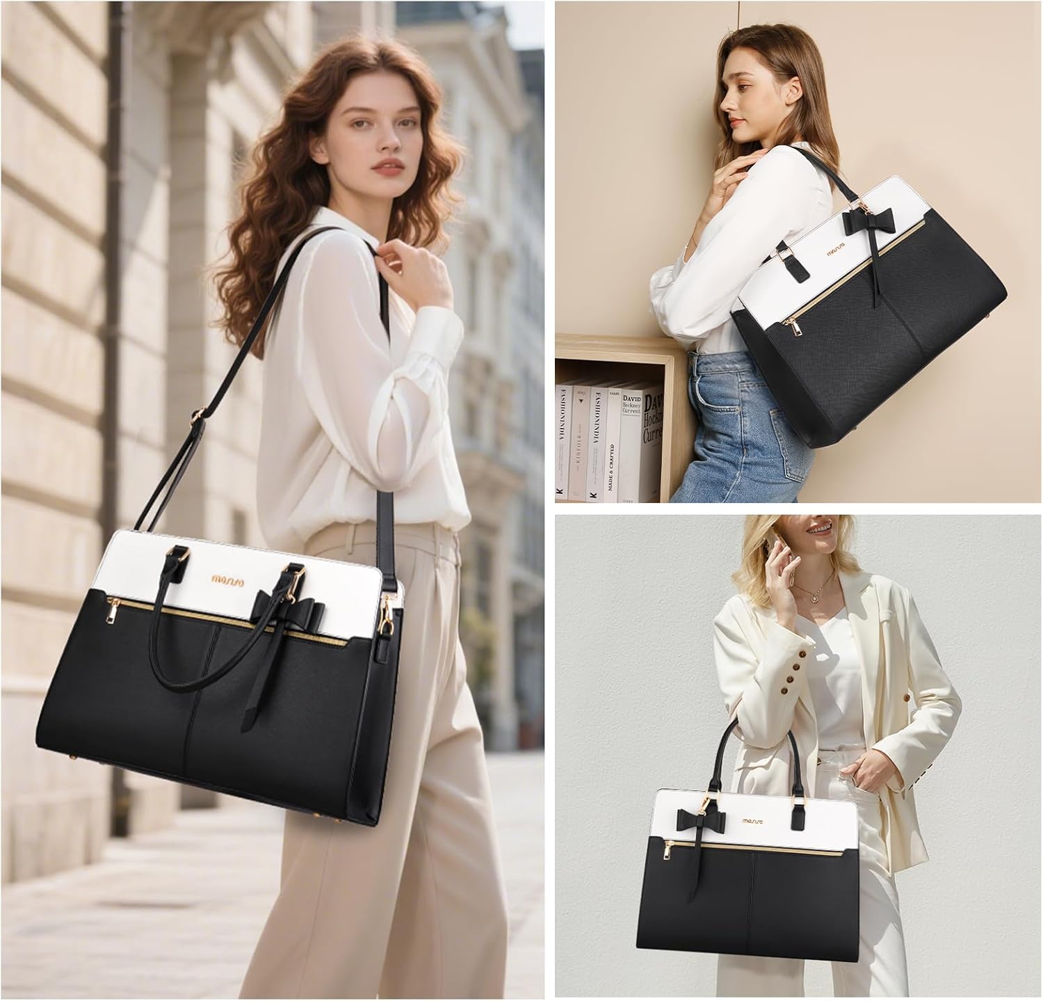 Detalle de MOSISO Borsa Tote Laptop Donna 15.6'' in Pelle PU Impermeabile, con Pochette e Fiocco – Nero