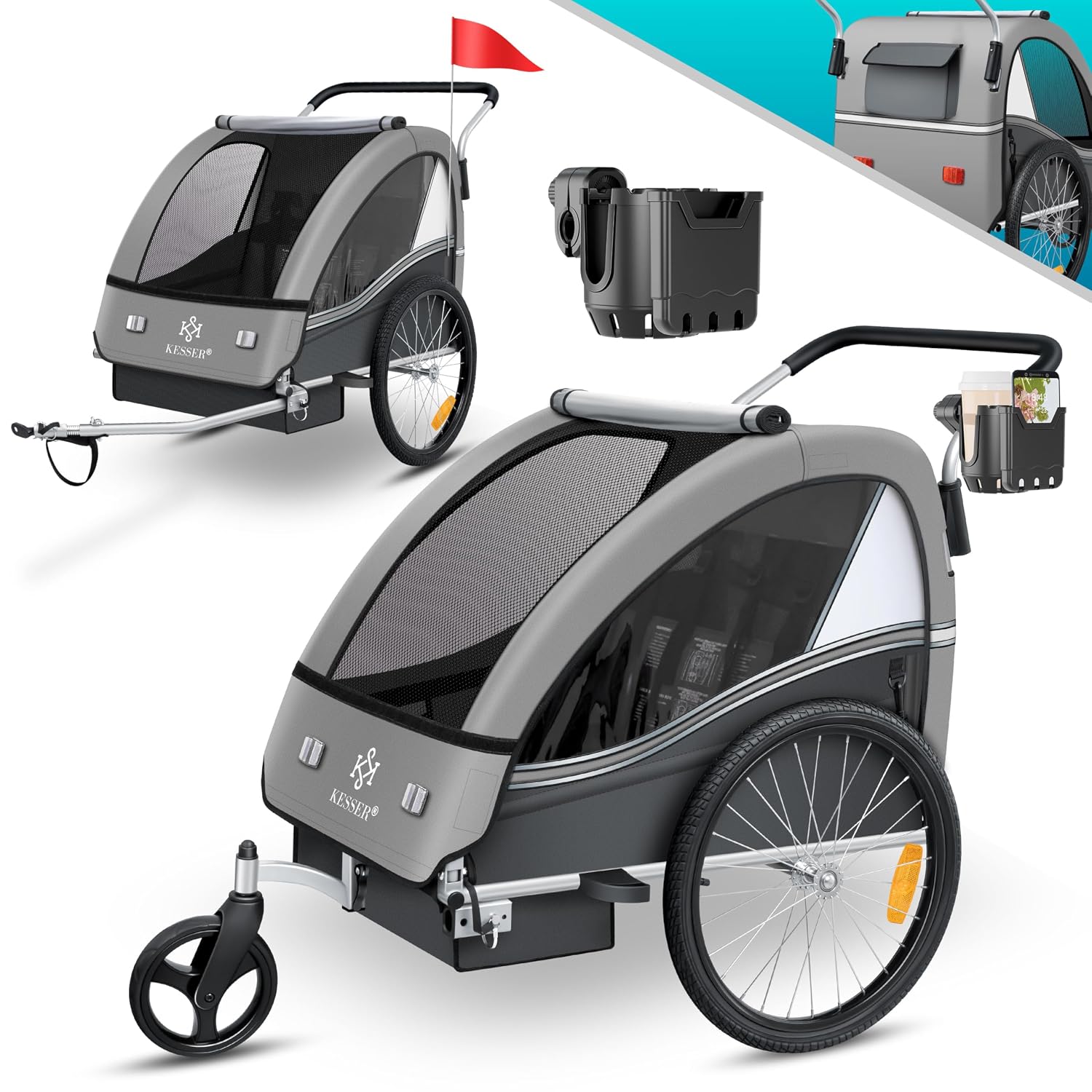 Detalle de KESSER Kinderfahrradanhänger Sport-RX 2in1 Jogger & Buggy mit 5-Punkt-Gurt, 360°-Vorderrad und Sicherheits-Set für 1–2 Kinder