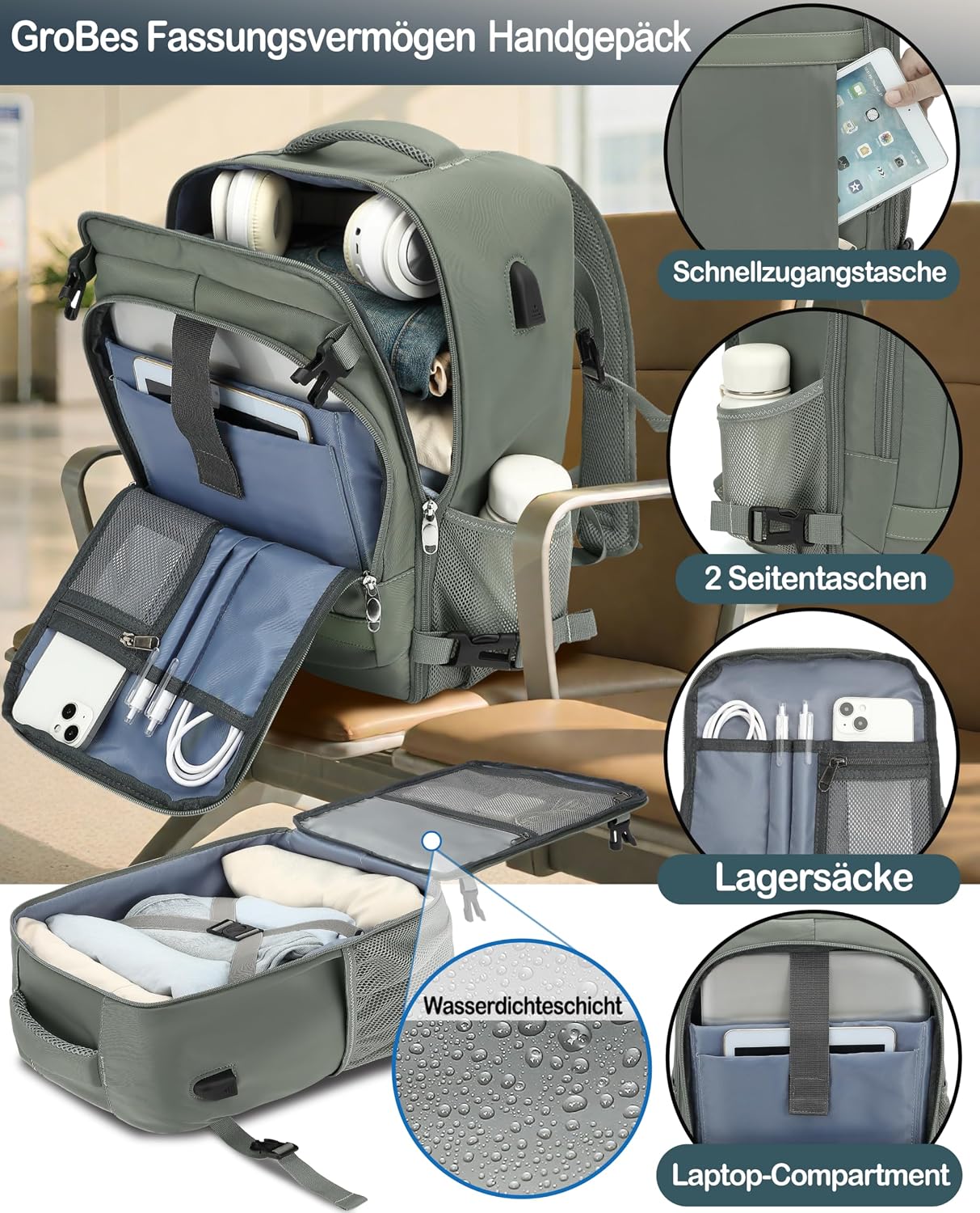 Thumbnail 3 de Handgepäck Rucksack 40x30x20 cm – 24L, Laptopfach, Grün