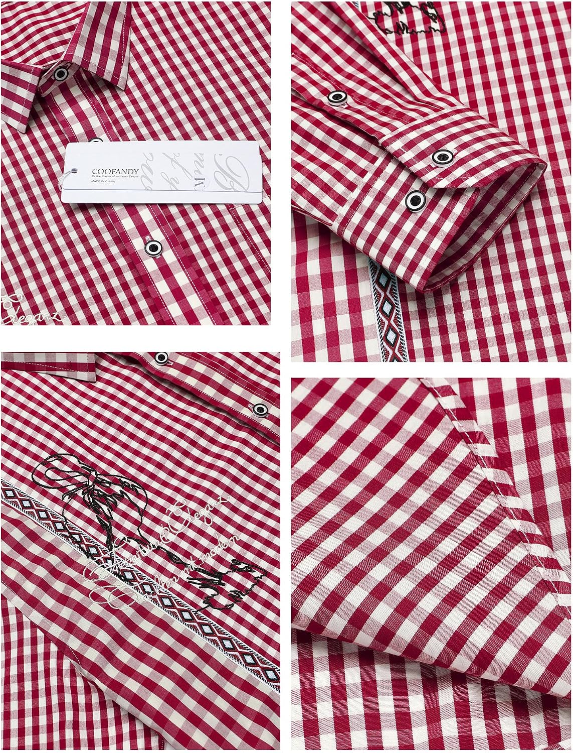 Detalle de COOFANDY Camicia da Uomo a quadri Oktoberfest Manica Lunga Slim Fit – Rosso M