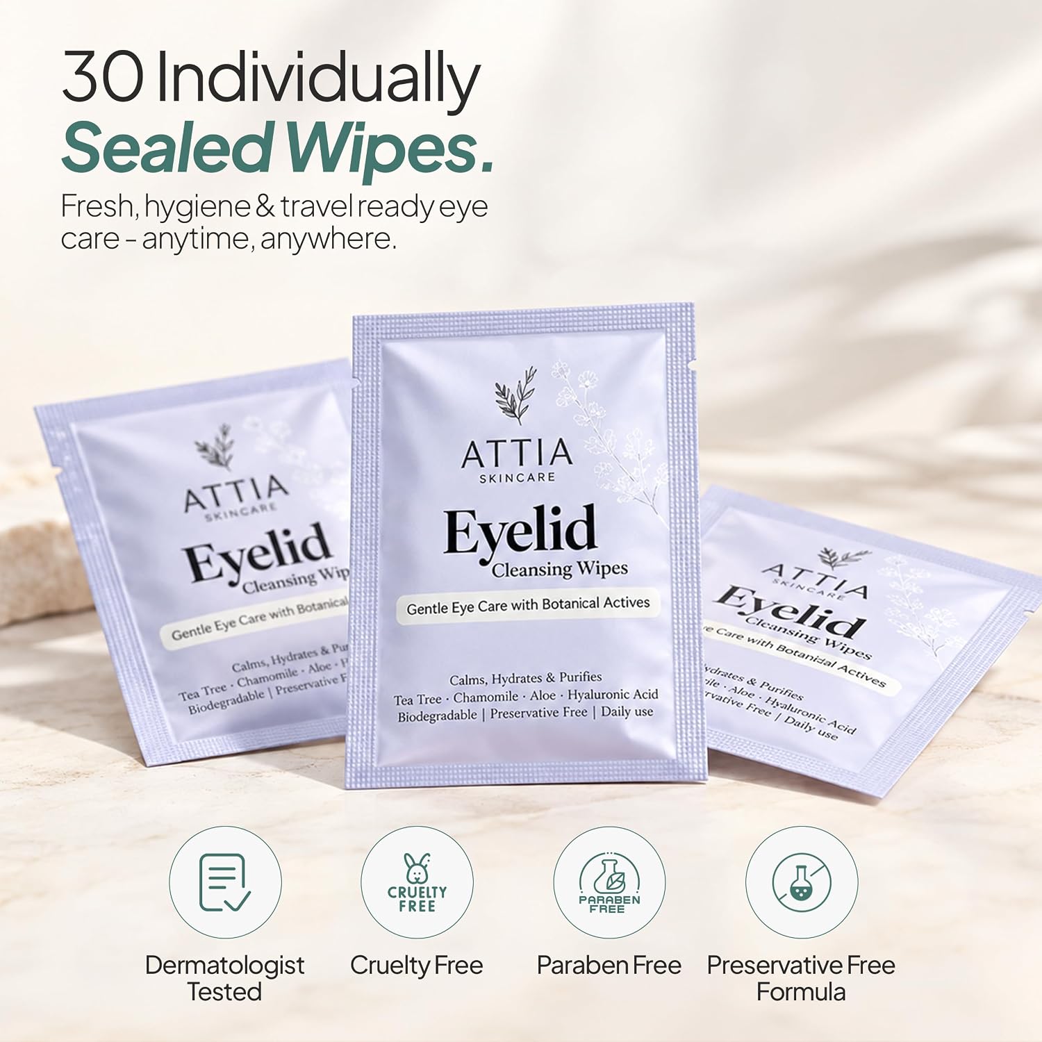 Detalle de Attia Skincare Tea Tree Oil Eyelid Wipes, 30 Count, Individually Wrapped