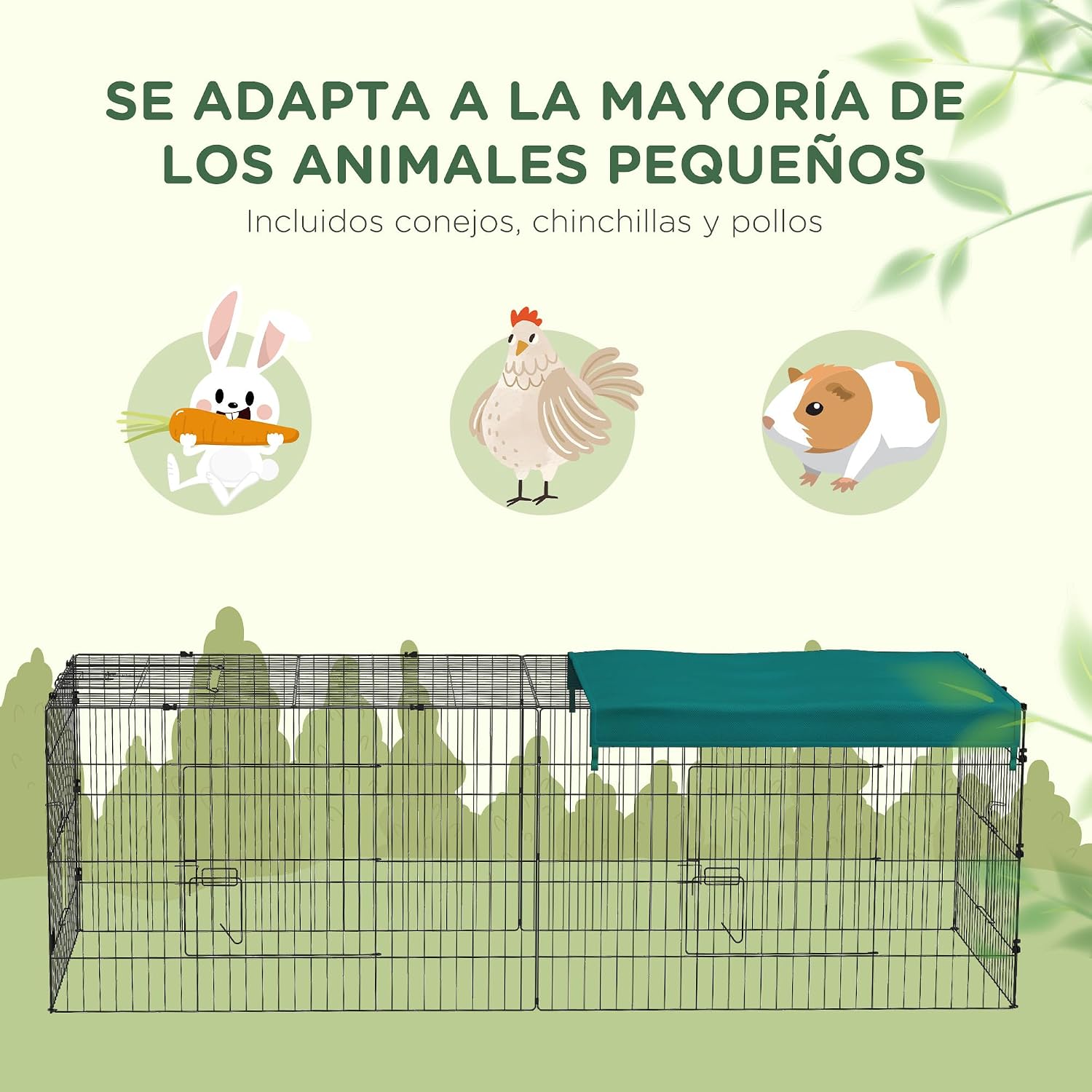 Detalle de PawHut Parc enclos modulable en acier avec bac 220 x 85 x 70 cm (vert) pour rongeurs et petits animaux