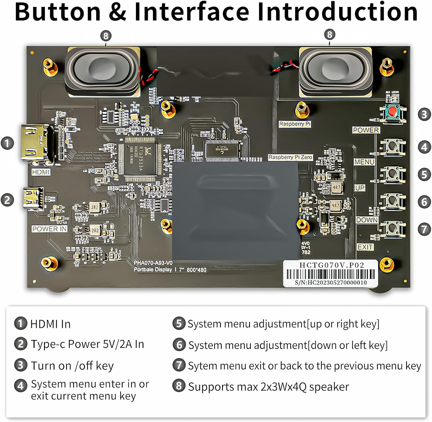 Detalle de HAMTYSAN 7-Zoll Raspberry Pi Bildschirm HDMI Monitor – 800×480 LCD mit Dual-Lautsprechern (Non-Touch)