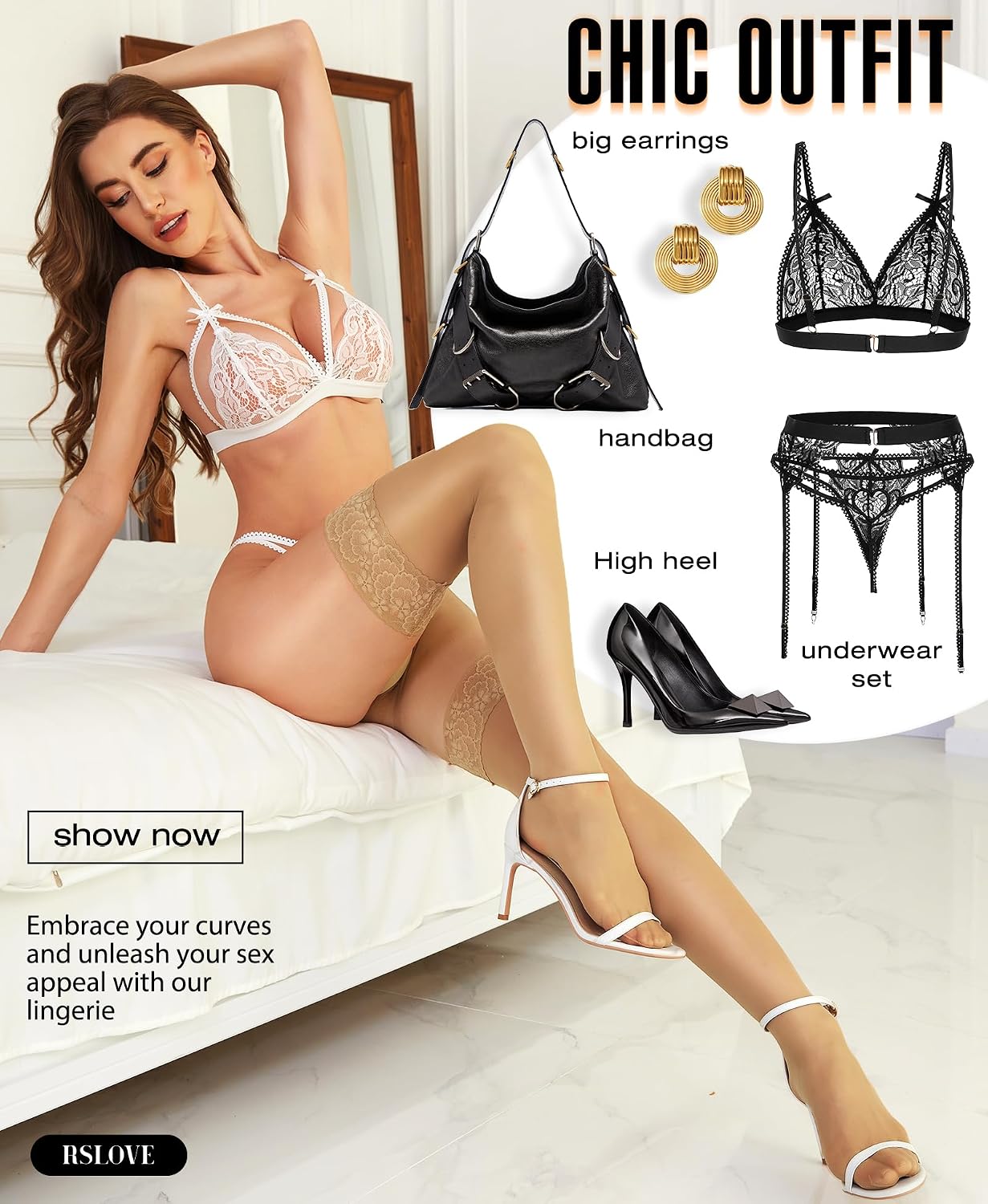 Detalle 2 de RSLOVE Hold-Up Stockings for Women, Lace Trim, Nylon and Non-Slip Silicone