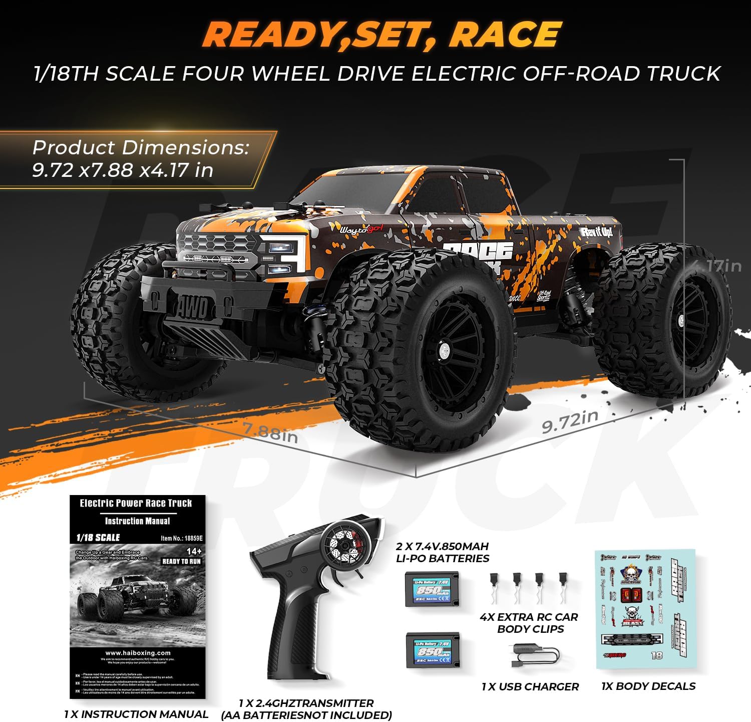 Detalle de HAIBOXING 18859E 1:18 RC Monster Truck, 4WD, 36 km/h, Oil-Filled Shocks