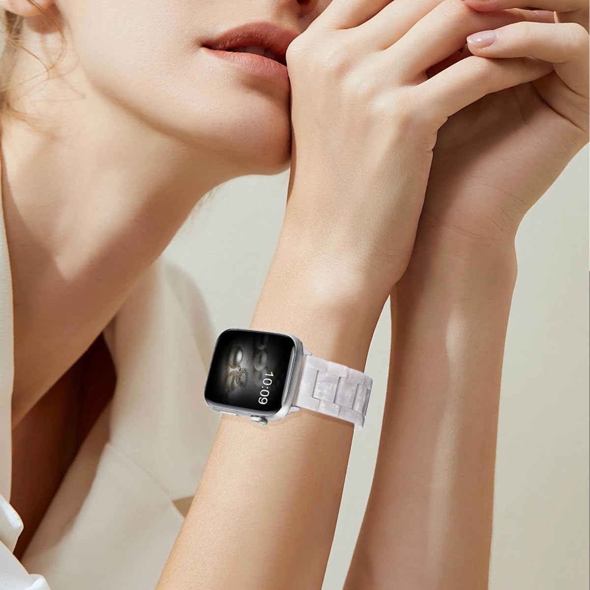 Detalle de V.R.HOPE Modernes Harz-Armband für Apple Watch (44/45/46/49 mm) – Perlenweiß/Silber