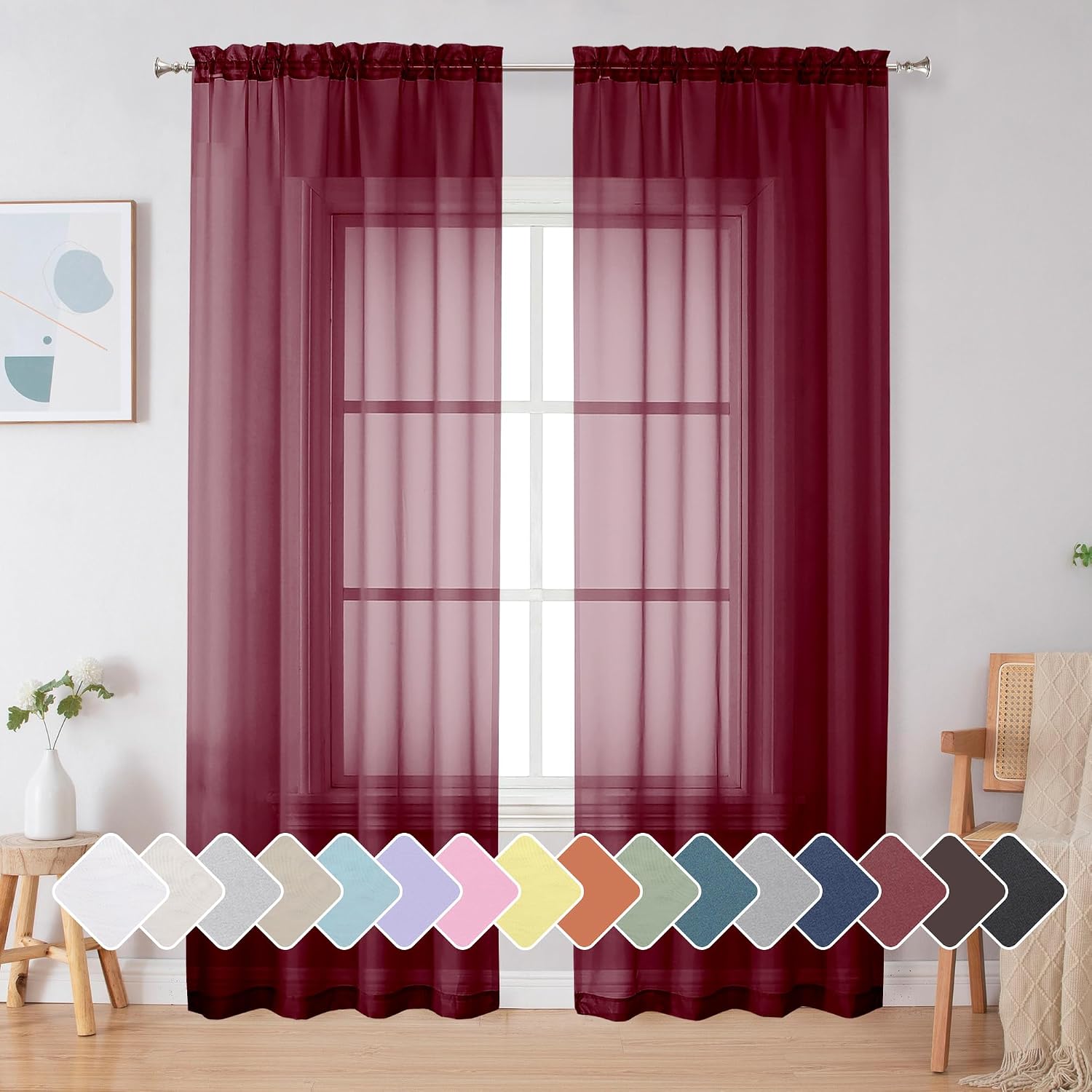 Detalle de Simplebrand Red Sheer Curtains 84" Length 🪟