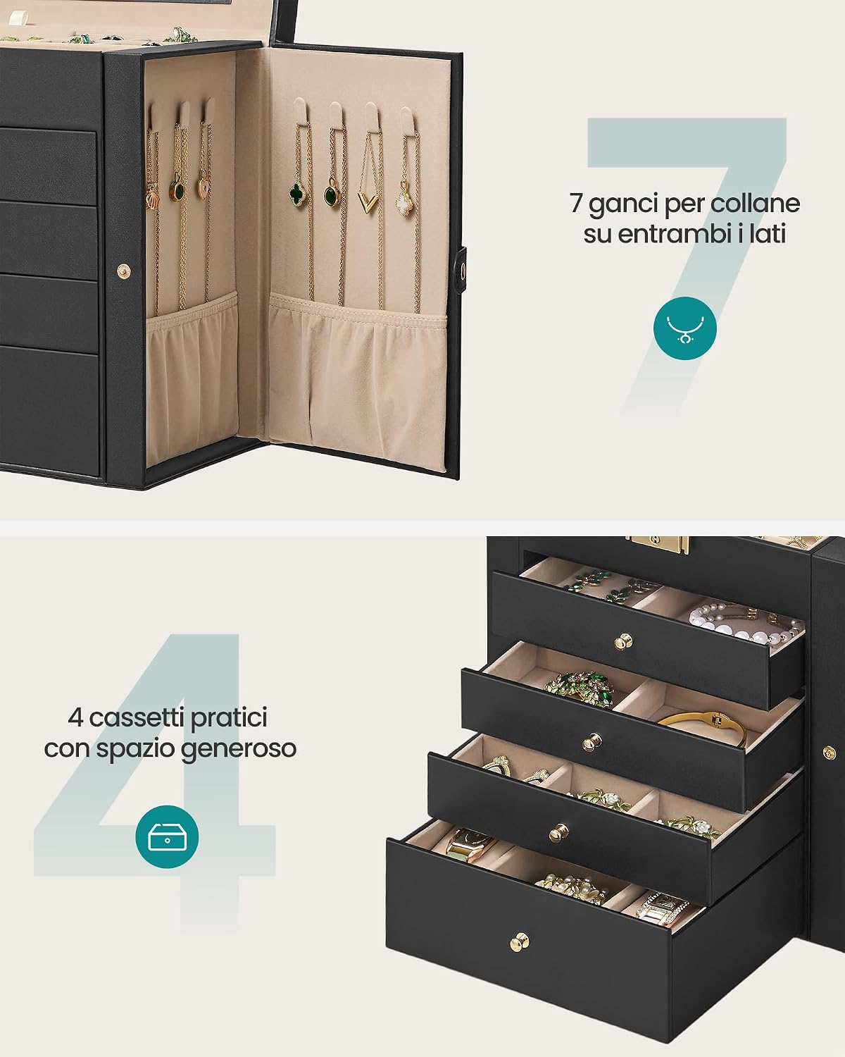 Detalle de SONGMICS Scatola Portagioie a 5 livelli con Specchio Interno e Serratura – Nero Inchiostro JBC153BZ02