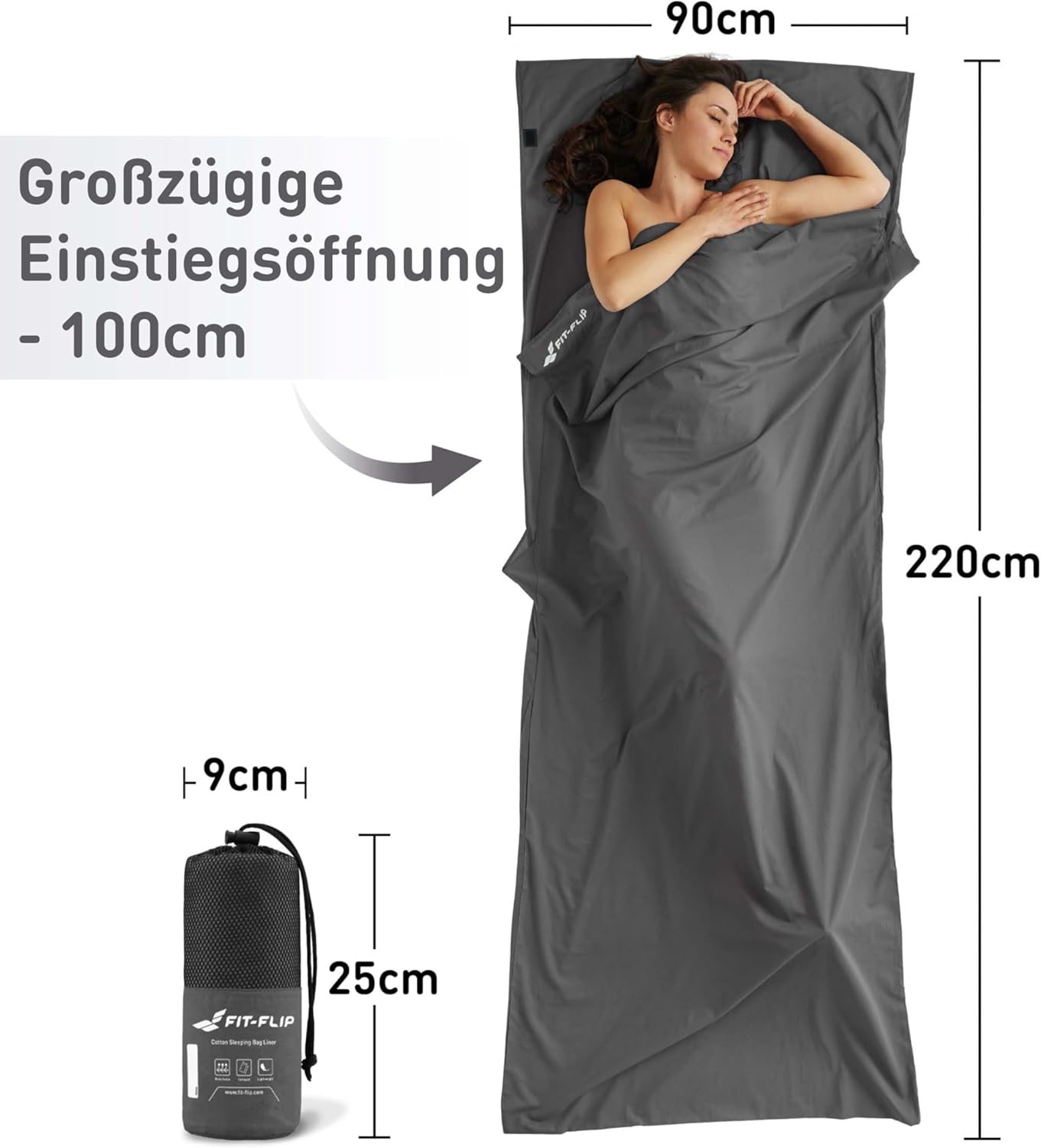 Thumbnail 1 de Fit-Flip Hüttenschlafsack aus Baumwolle oder Mikrofaser – ultraleichter Innenschlafsack mit Kissenfach