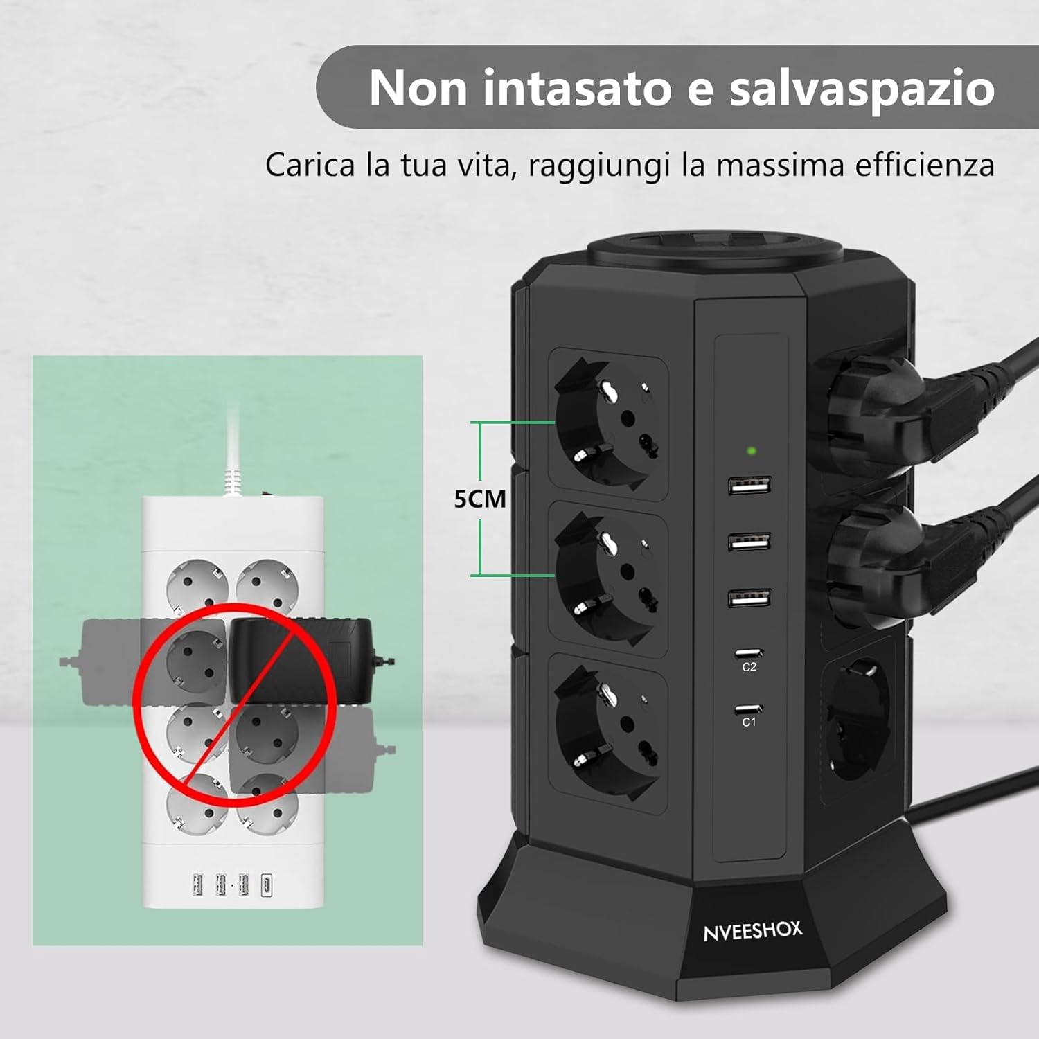 Thumbnail 3 de NVEESHOX ciabatta multipresa verticale con 12 Schuko, 2 USB-C PD 20W e 3 USB-A, cavo 2 m