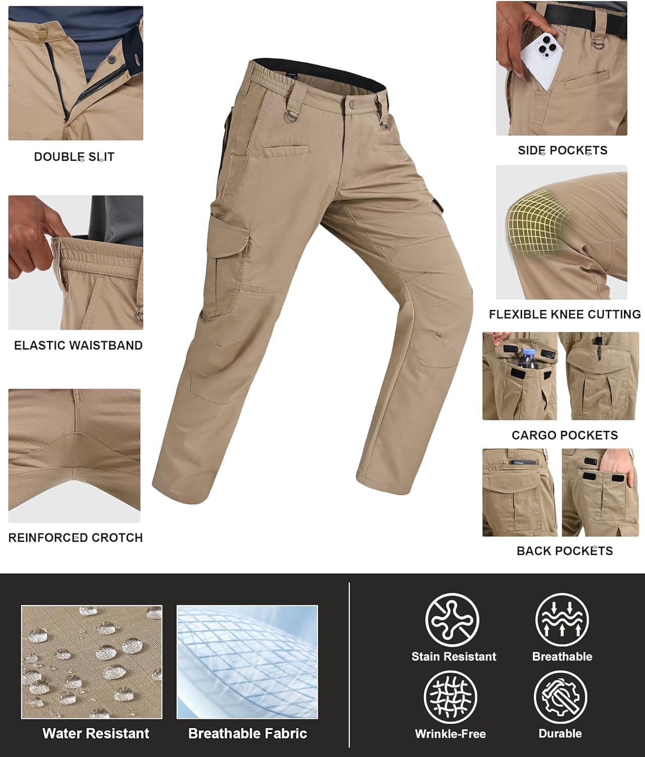 Detalle de Zoofly Men's Cargo Pants Ripstop Water Resistant Hiking Work Pants – 9-Pocket Tactical, Elastic Waist (No Belt)