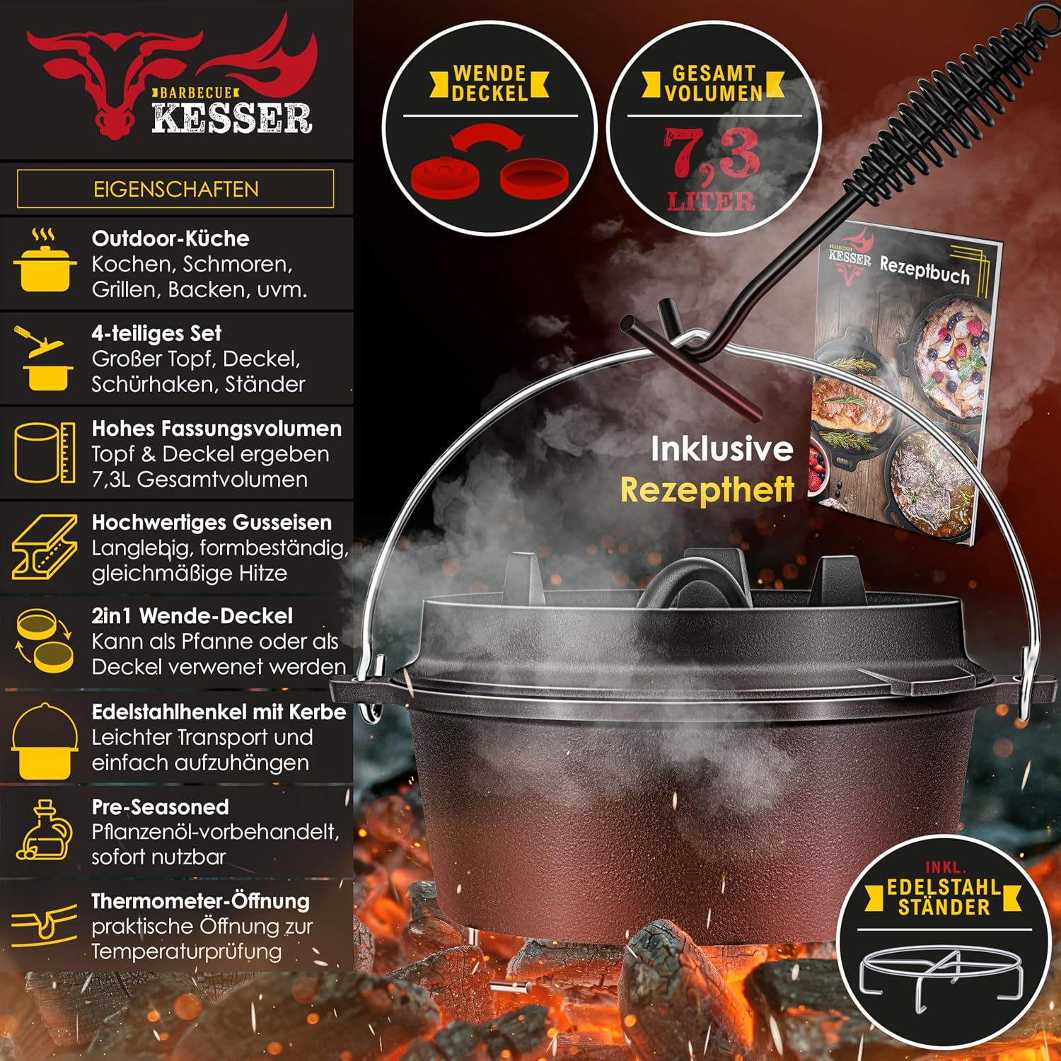 Detalle de KESSER® Dutch Oven Set BBQ 7,3 Liter – Schmortopf & Feuertopf aus Gusseisen mit Edelstahleruntersetzer
