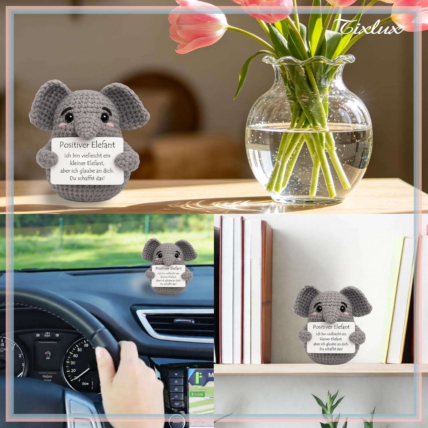 Thumbnail 6 de Tixlux Pocket Hug „Positiver Elefant“ – Strick-Dekofigur mit Edelstahl-Glücksbringer als Mutmacher-Geschenk