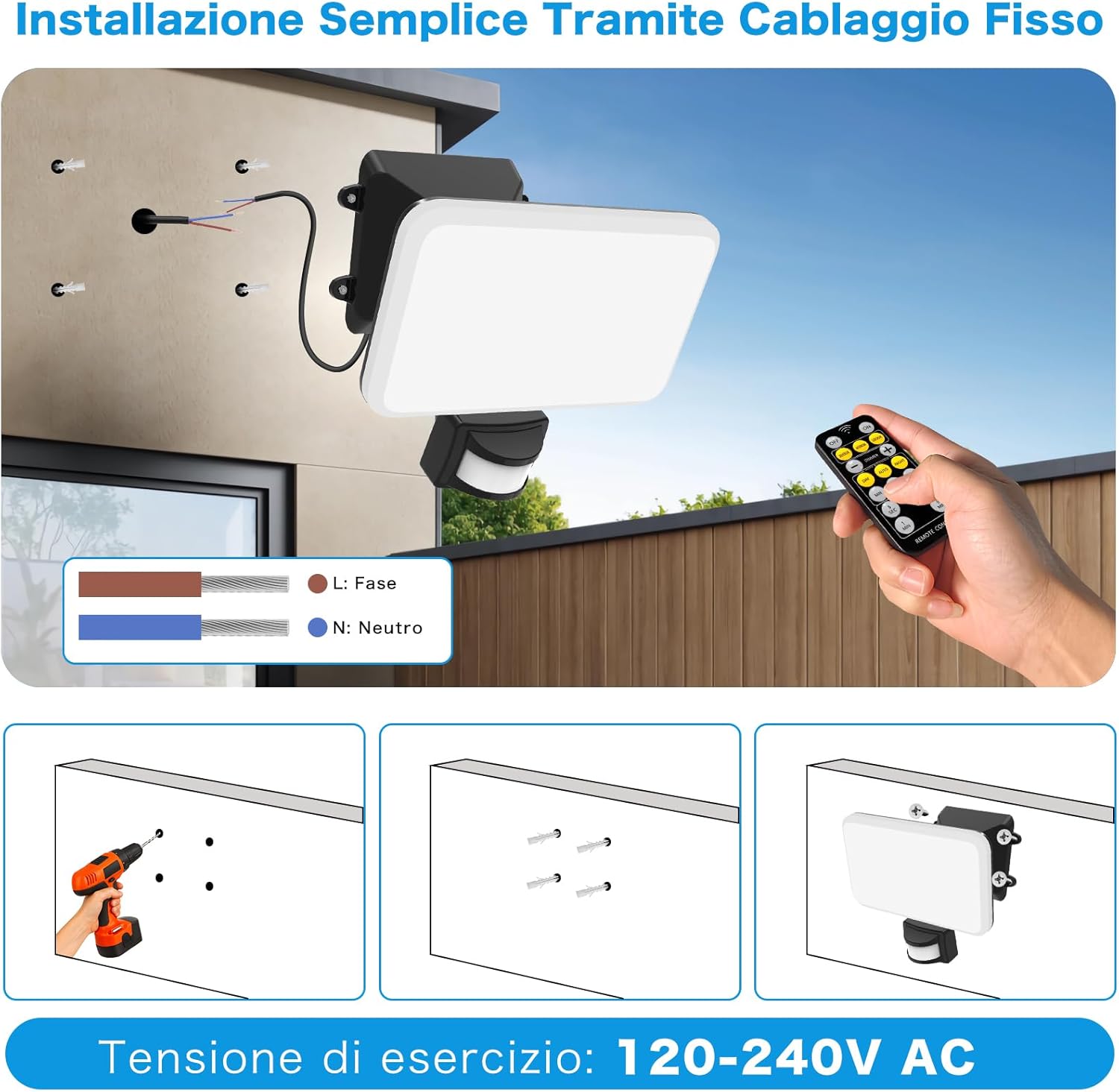 Detalle de JADIDIS faro LED da esterno 30W con sensore di movimento e telecomando (IP65) – 3600 lm, 4 modalità
