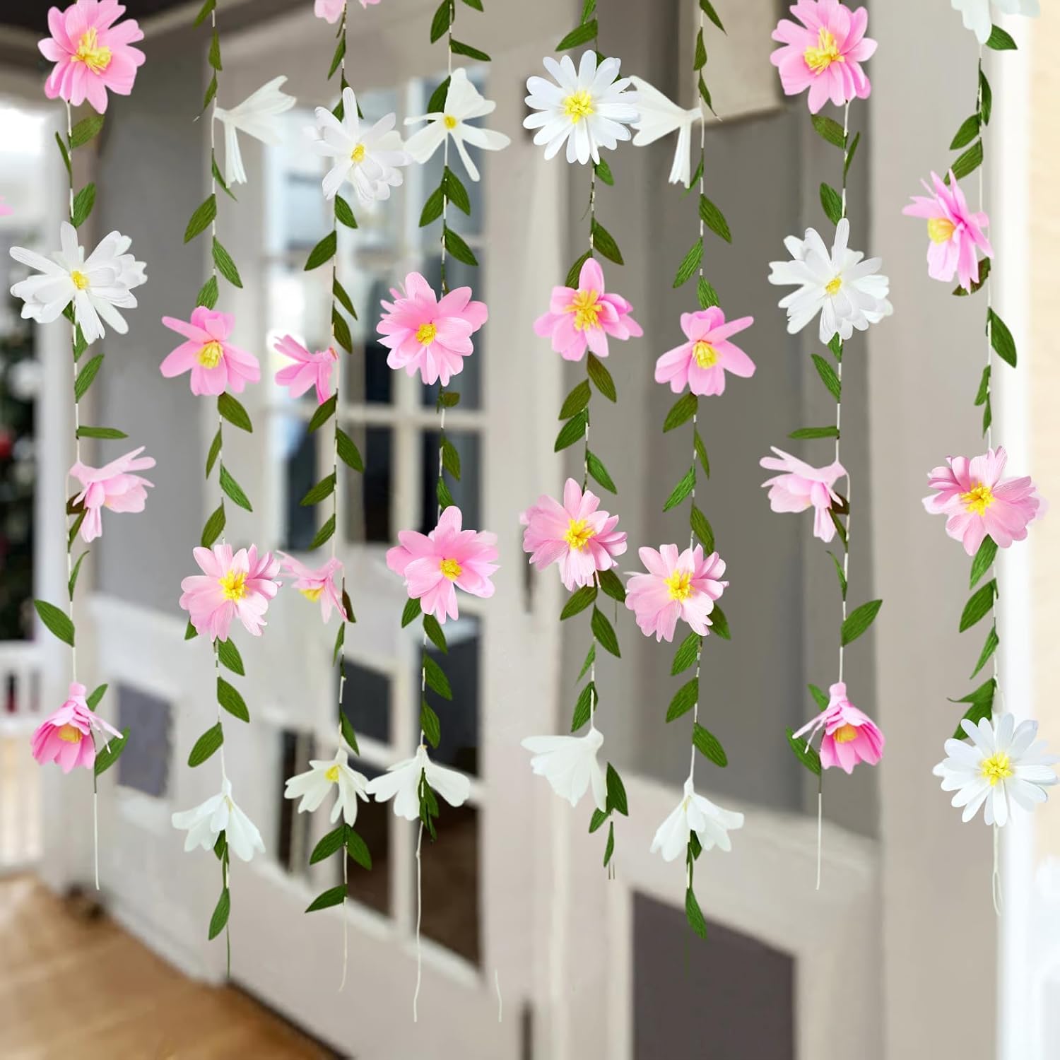 Detalle de SUNBEAUTY Spring Wildflowers Garland Crepe Paper Flower Banner (Pink & White) – 2-Pack