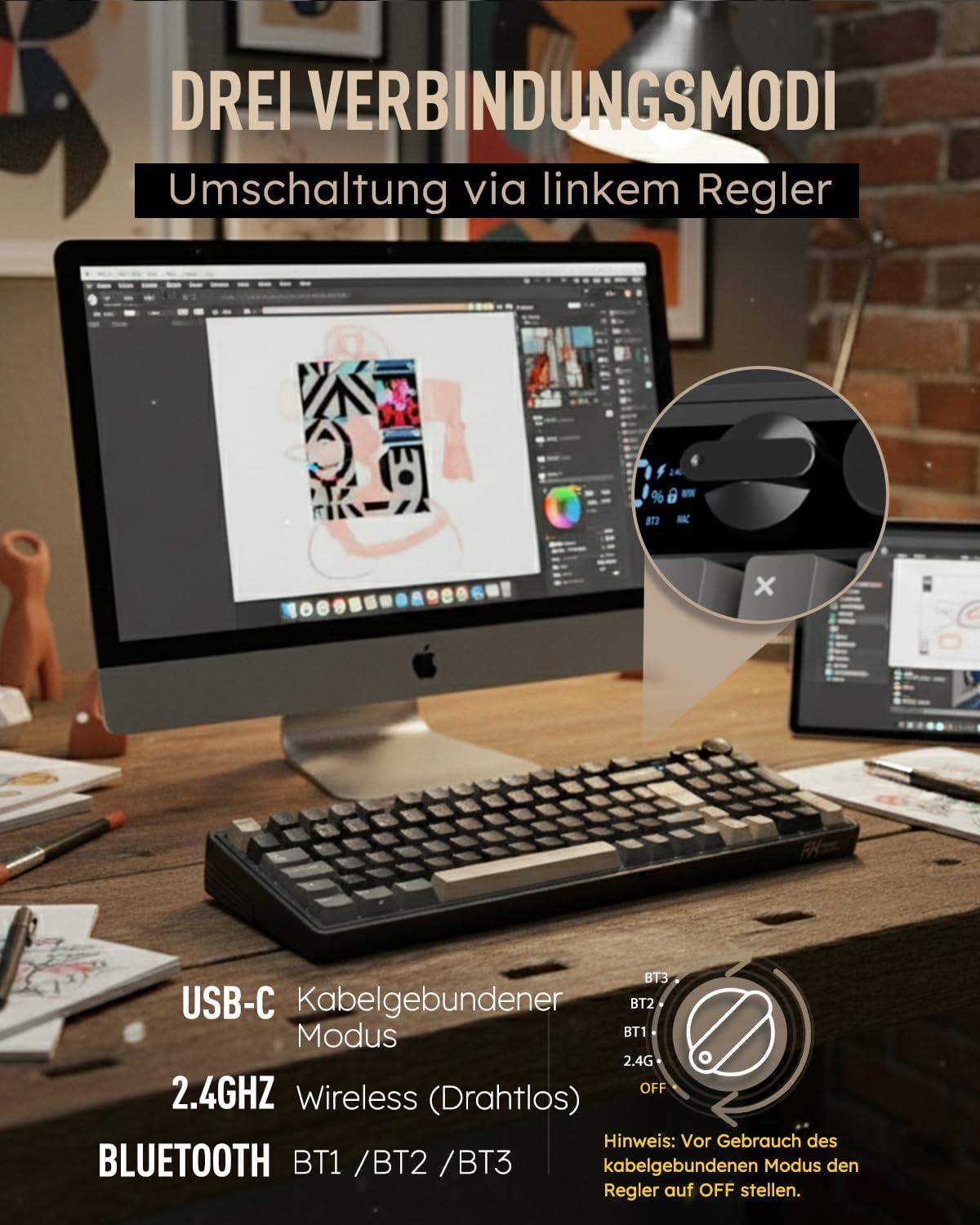 Thumbnail 2 de RK ROYAL KLUDGE M100 mechanische Tastatur (kabellos) mit Display, Drehknöpfen, QWERTZ, BT/2.4 GHz, USB-C und Hot-Swap