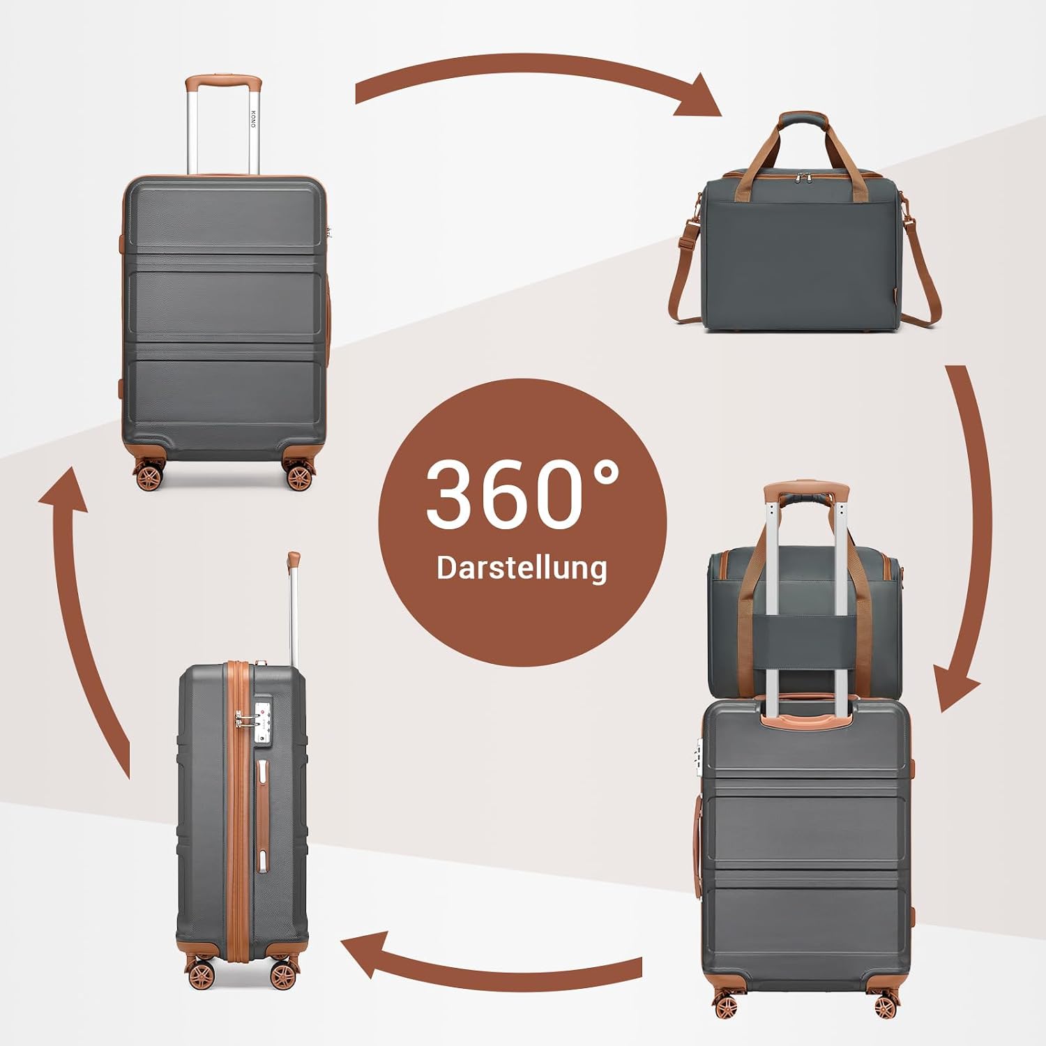 Thumbnail 6 de KONO 55cm Handgepäck-Koffer Trolley Set 2-teilig – Kleiner Koffer + Ryanair Reisetasche, Grau/Braun