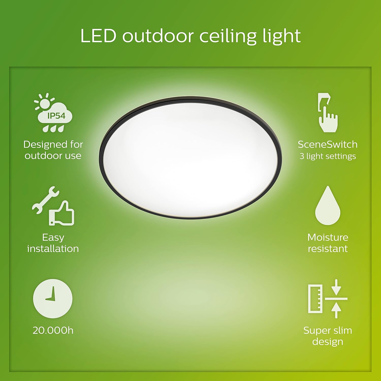 Detalle de Philips SuperSlim: Plafón de techo LED exterior negro 🌟