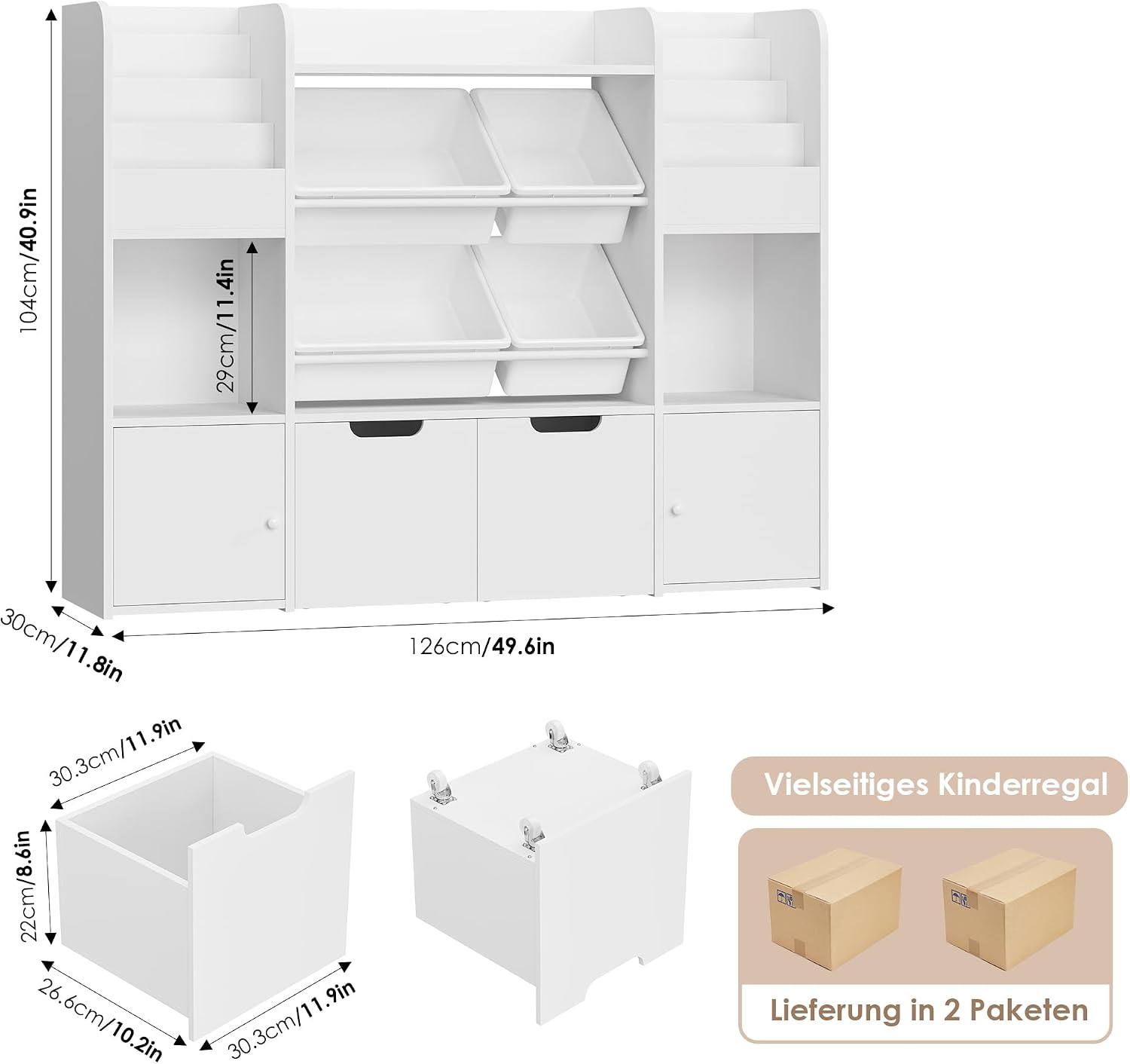 Detalle de FOREHILL P390389 – regał dziecięcy z 4 pojemnikami i szufladami na kółkach