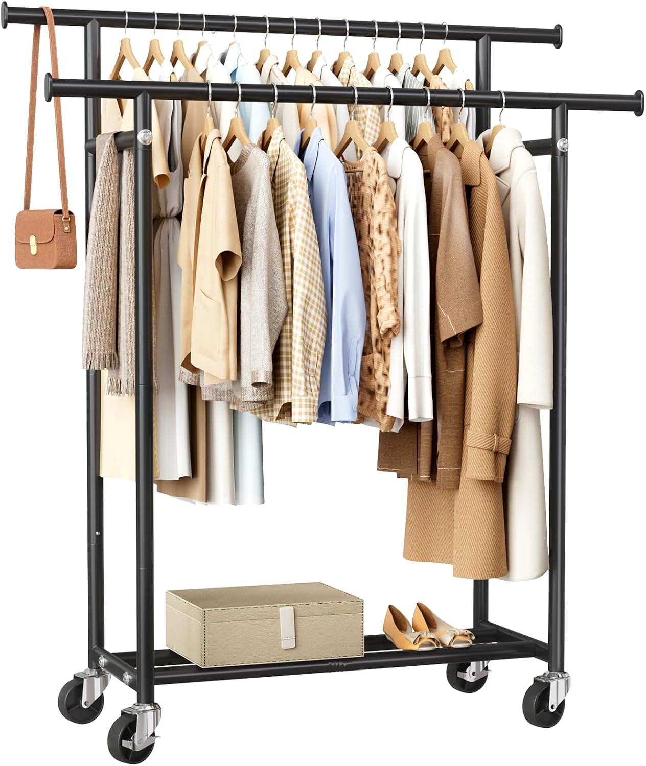 Detalle de HYSEYY HY-1324-Clothes Rack Double-Rod Rolling Garment Rack, Carbon Steel